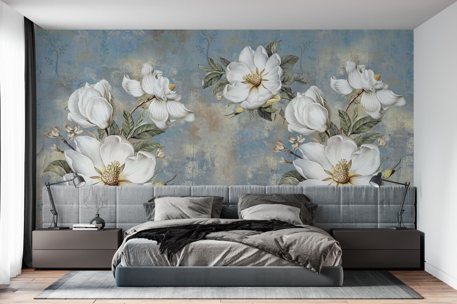 Fototapet Flori albe ca zăpada pe un perete de beton vopsit