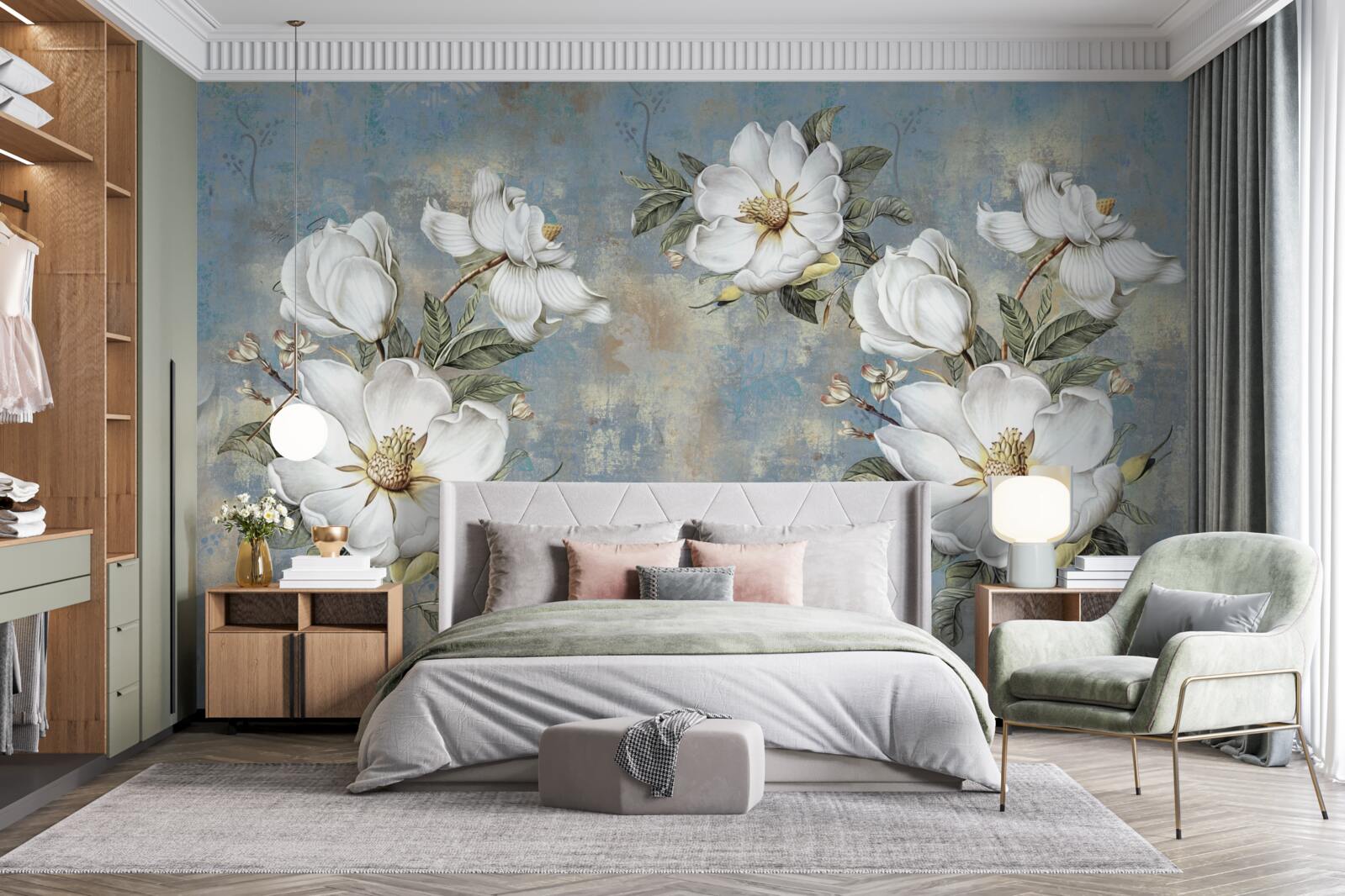 Fototapet Flori albe ca zăpada pe un perete de beton vopsit