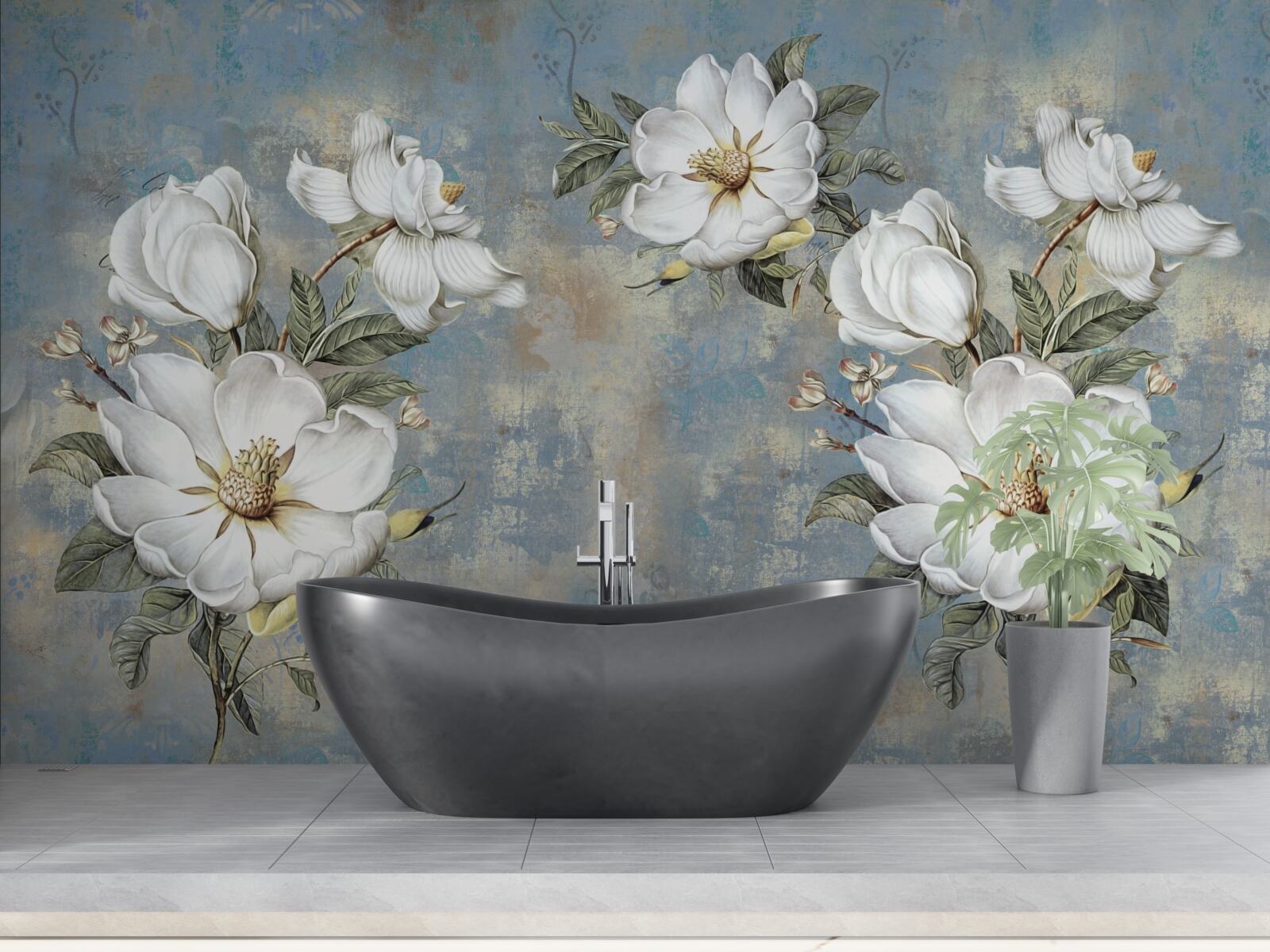 Fototapet Flori albe ca zăpada pe un perete de beton vopsit