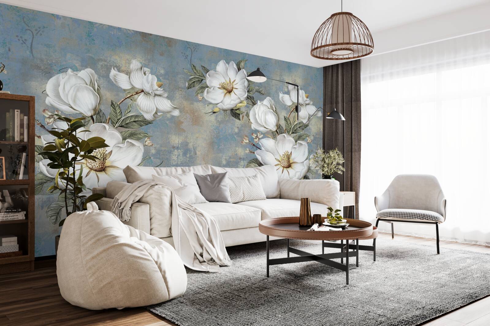 Fototapet Flori albe ca zăpada pe un perete de beton vopsit