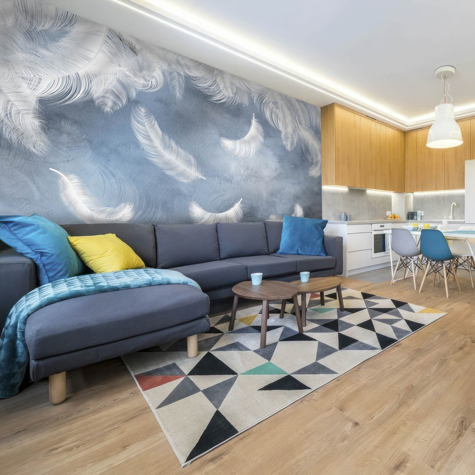 Fototapet penele zboară albe ca zăpada pe un cer albastru