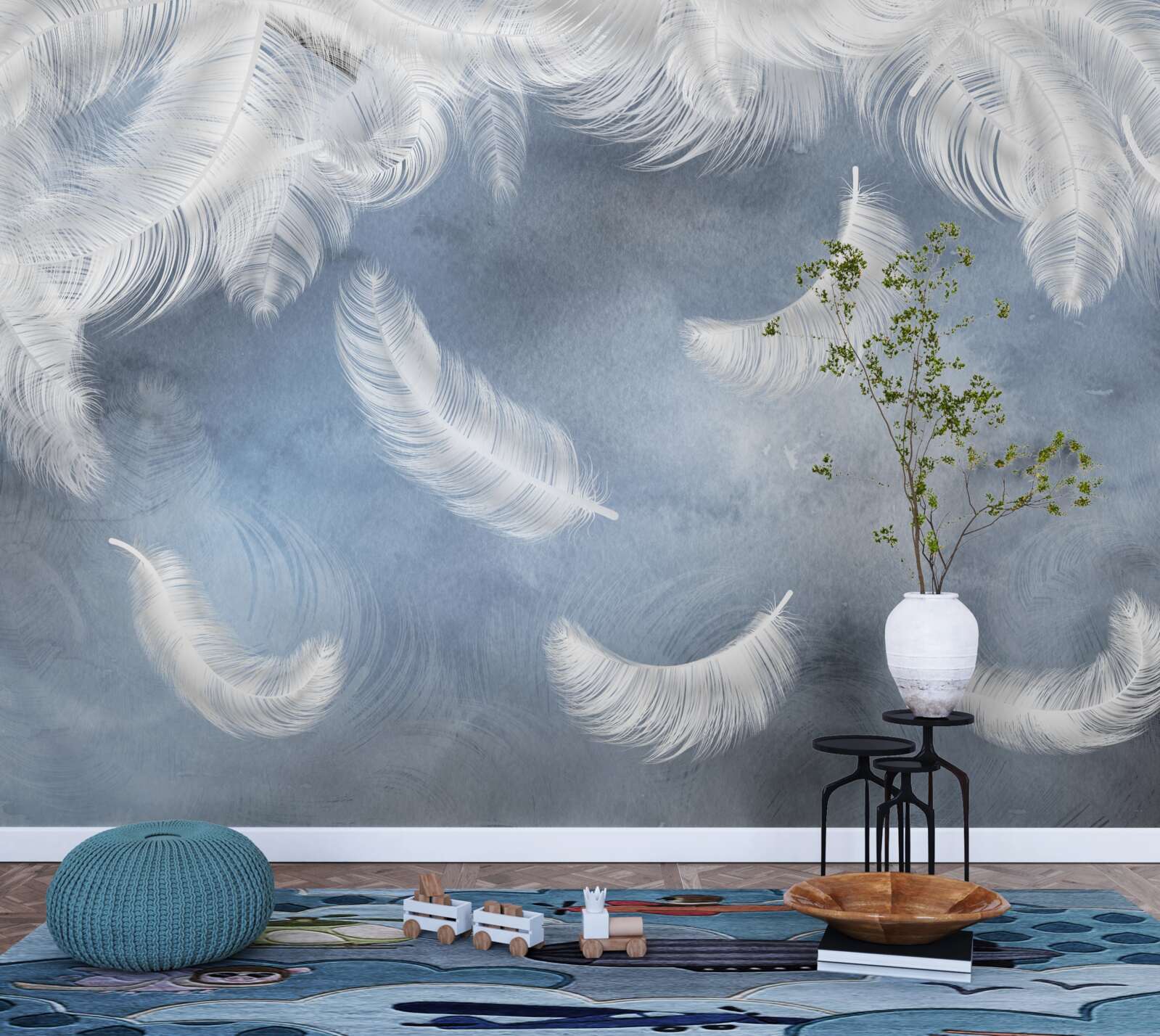 Fototapet penele zboară albe ca zăpada pe un cer albastru