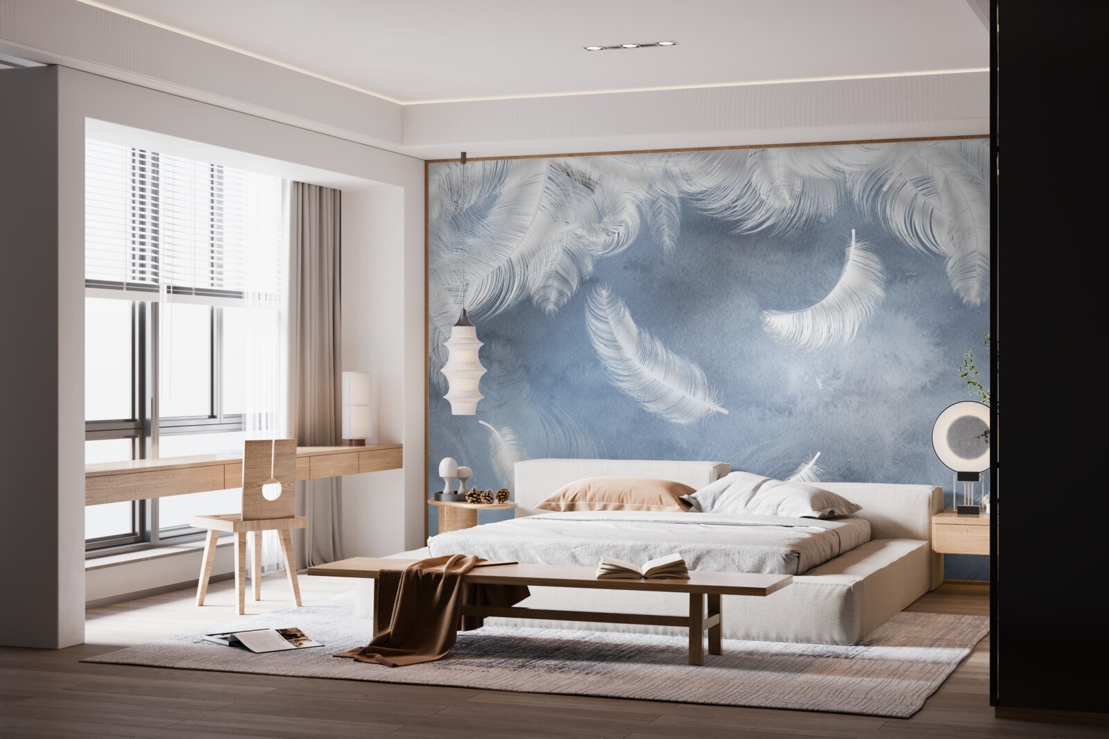 Fototapet penele zboară albe ca zăpada pe un cer albastru