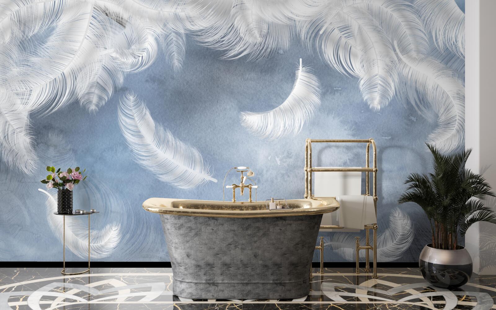 Fototapet penele zboară albe ca zăpada pe un cer albastru