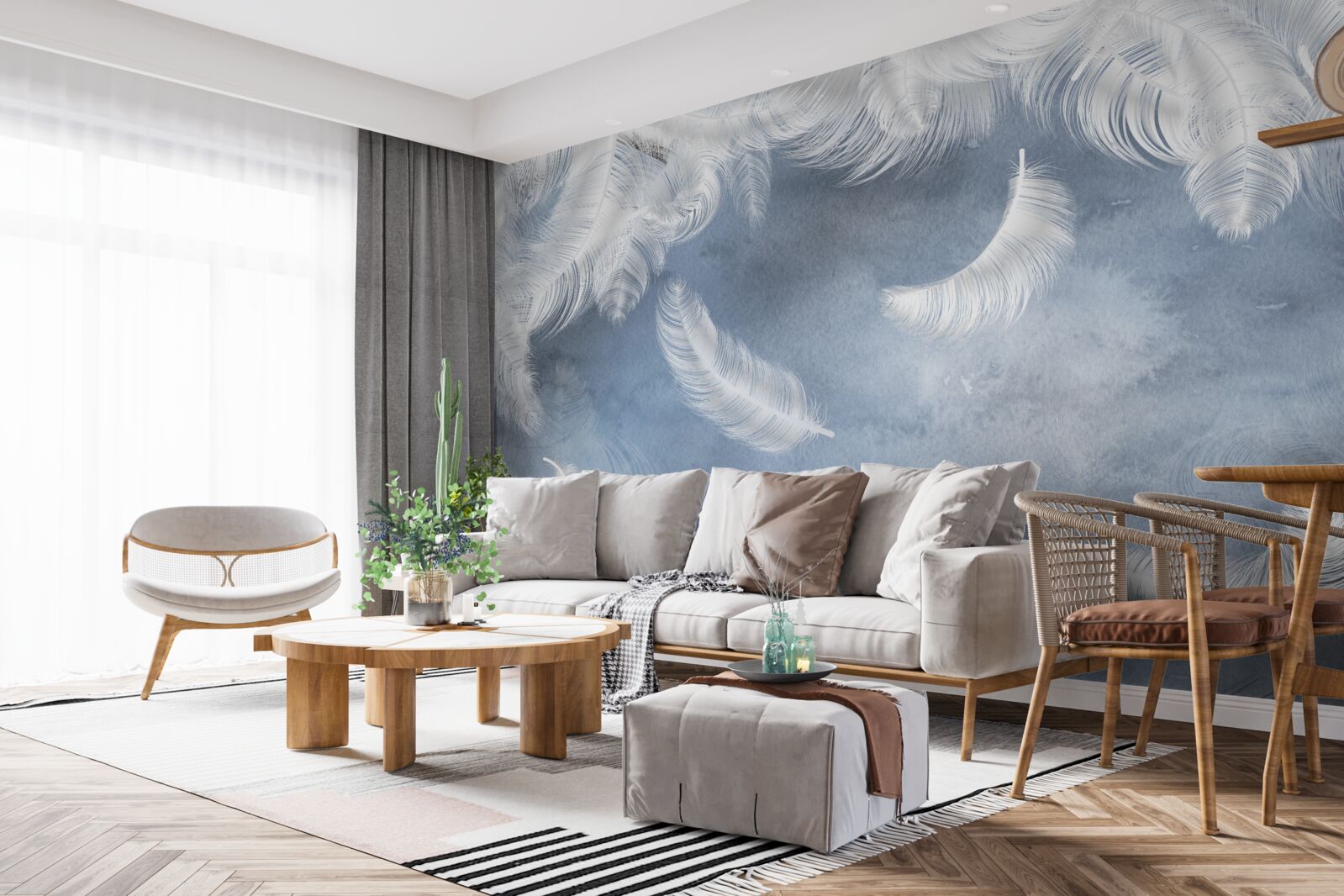 Fototapet penele zboară albe ca zăpada pe un cer albastru