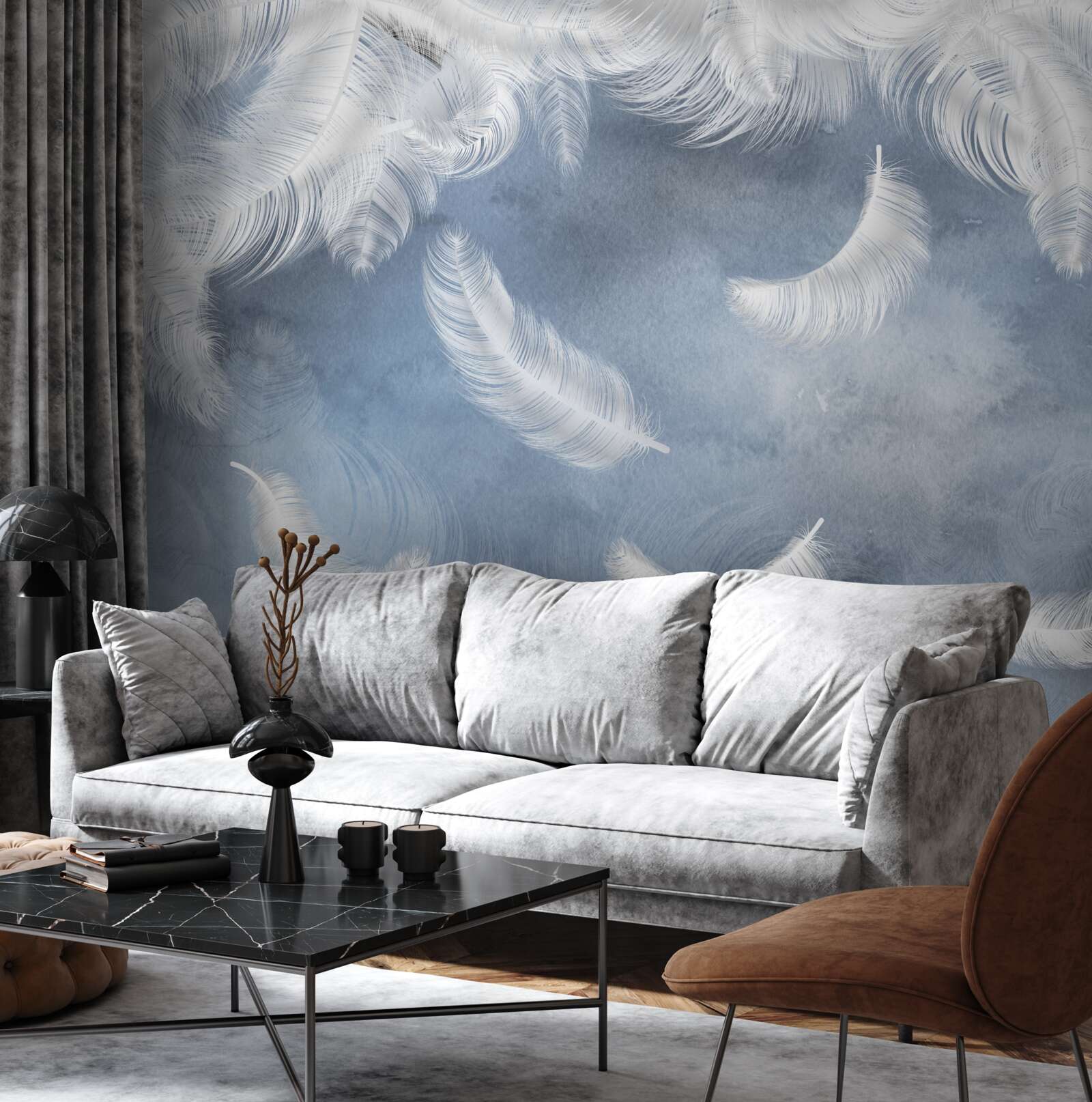 Fototapet penele zboară albe ca zăpada pe un cer albastru