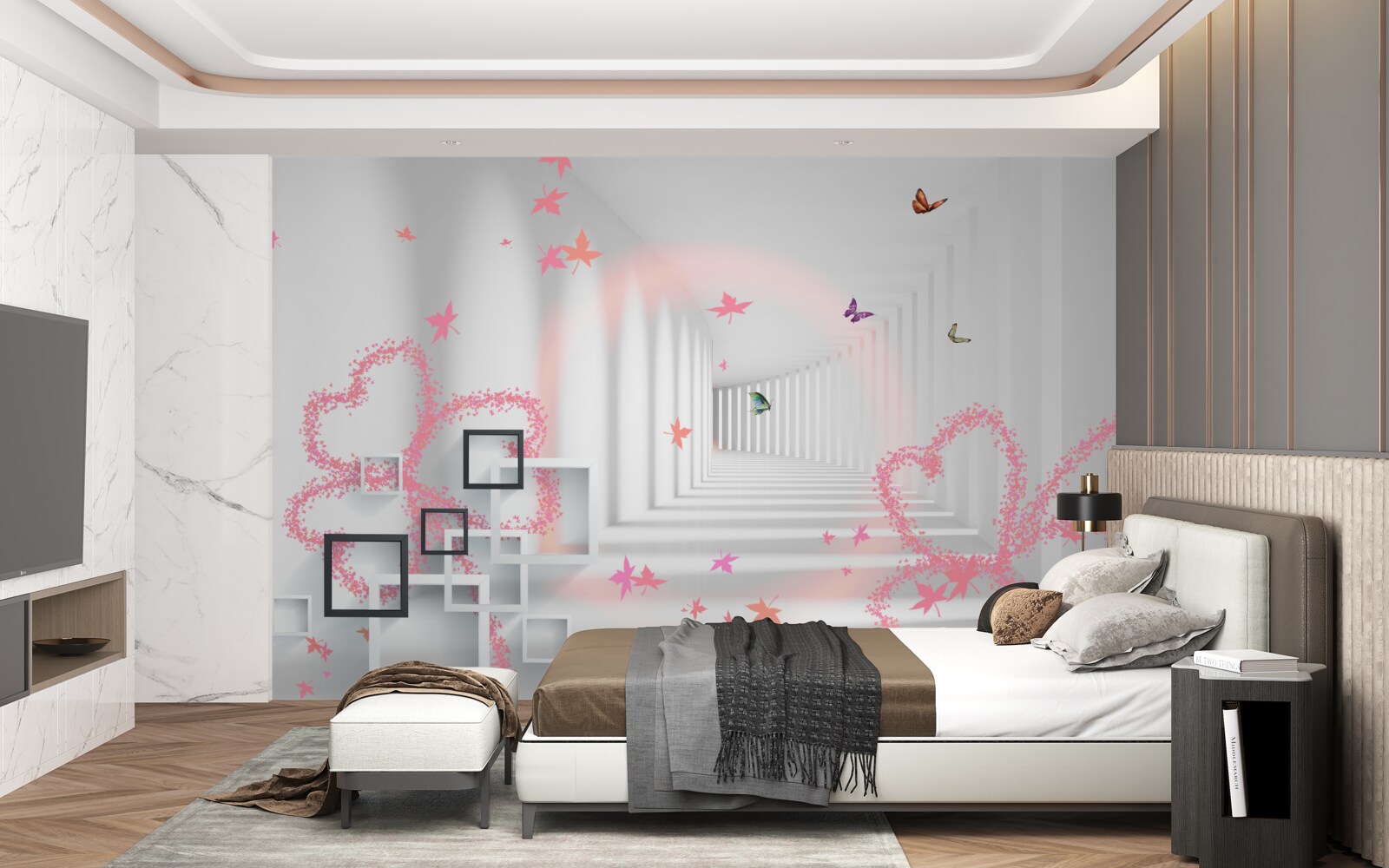 Fototapet fluturi abstracți în formă de inimi roz