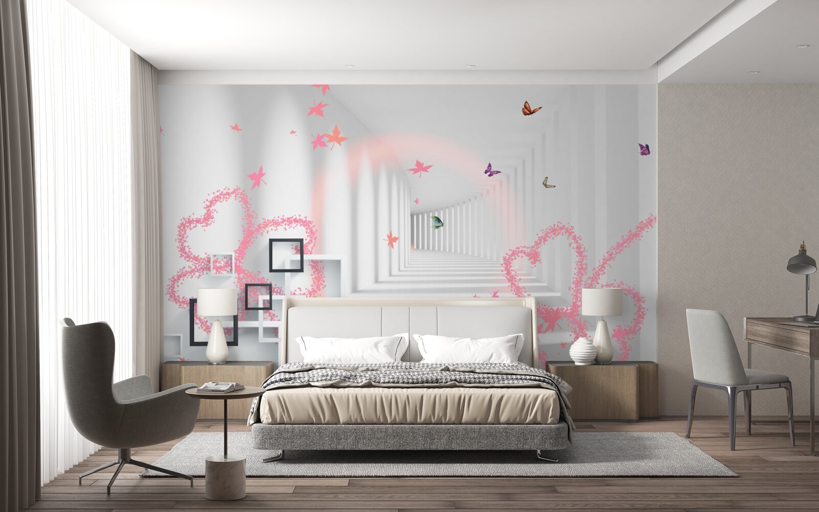 Fototapet fluturi abstracți în formă de inimi roz