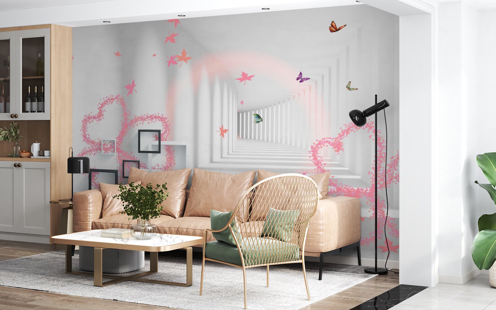 Fototapet fluturi abstracți în formă de inimi roz