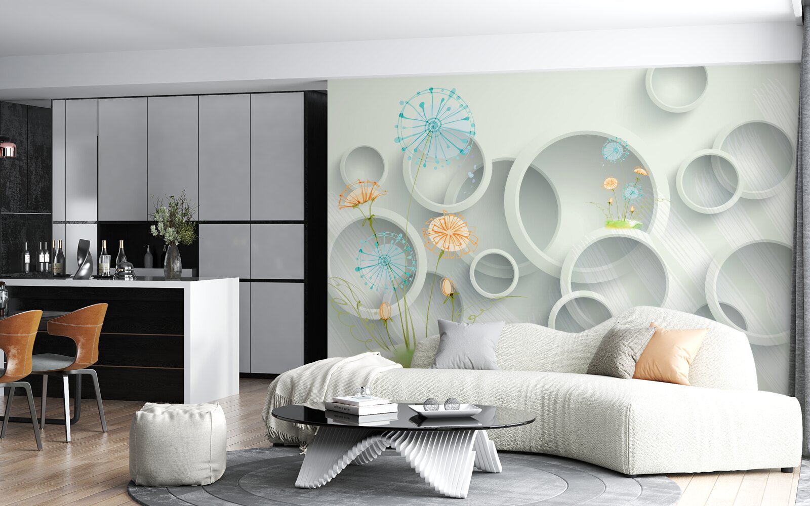 Fototapet pe fundalul cercurilor de pe pajiște, înfloresc păpădiile