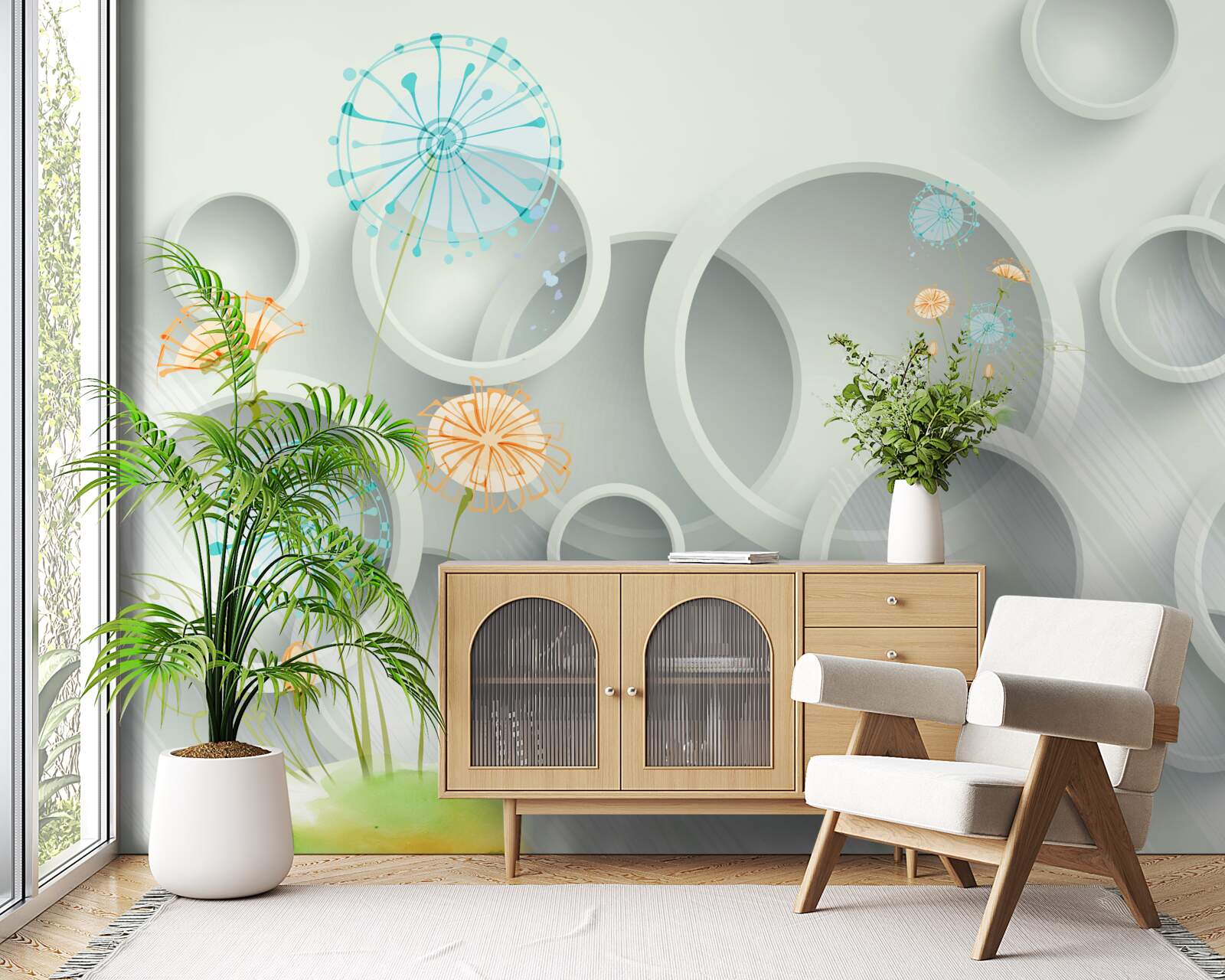 Fototapet pe fundalul cercurilor de pe pajiște, înfloresc păpădiile