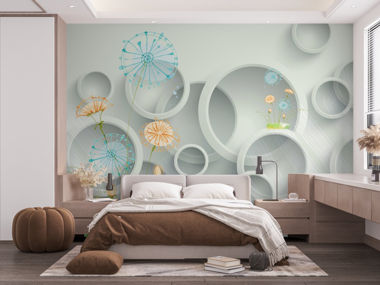 Fototapet pe fundalul cercurilor de pe pajiște, înfloresc păpădiile