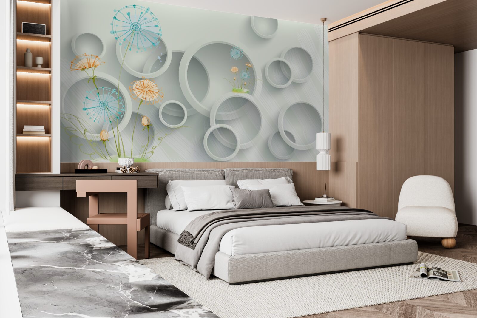 Fototapet pe fundalul cercurilor de pe pajiște, înfloresc păpădiile