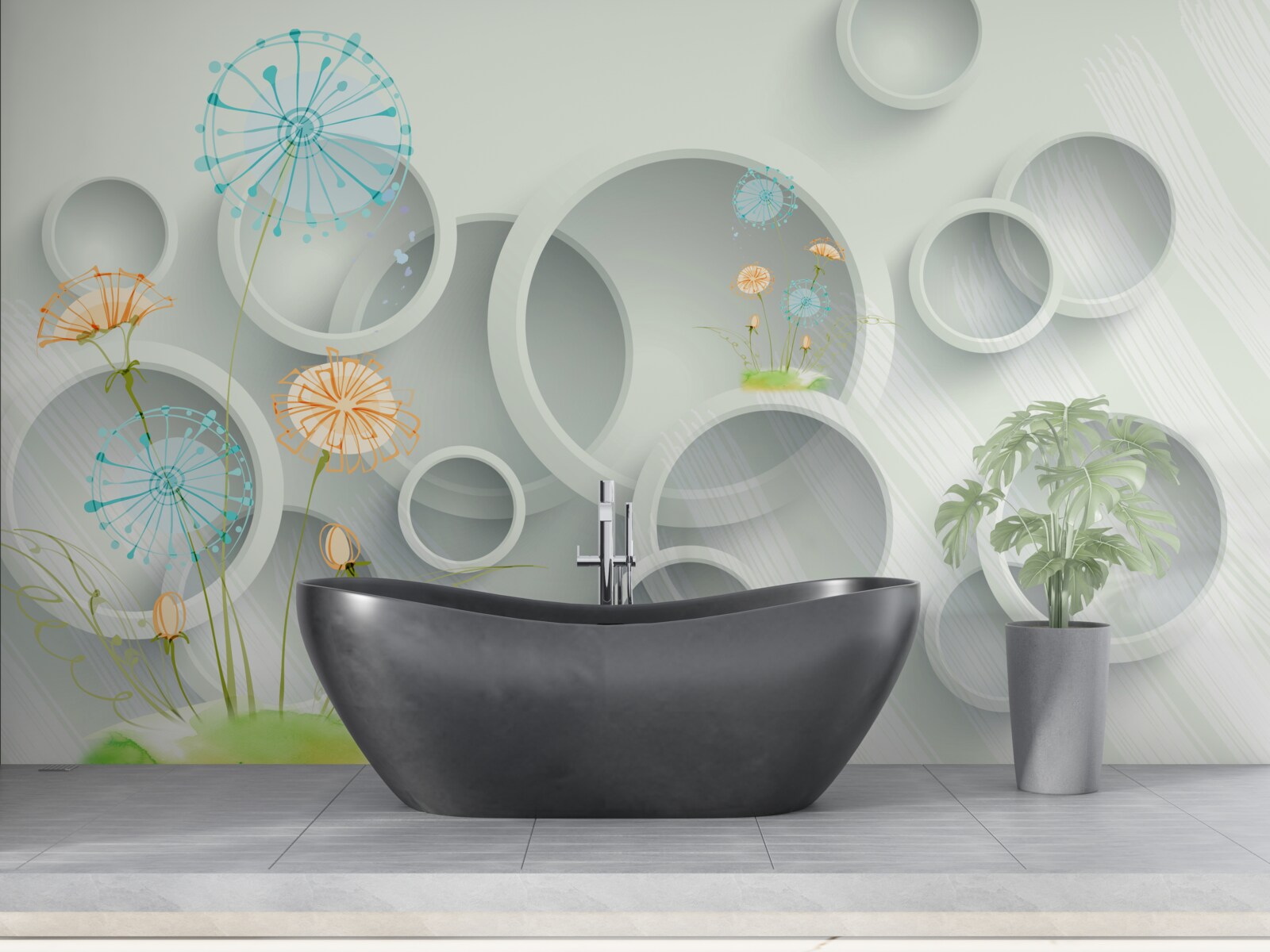 Fototapet pe fundalul cercurilor de pe pajiște, înfloresc păpădiile