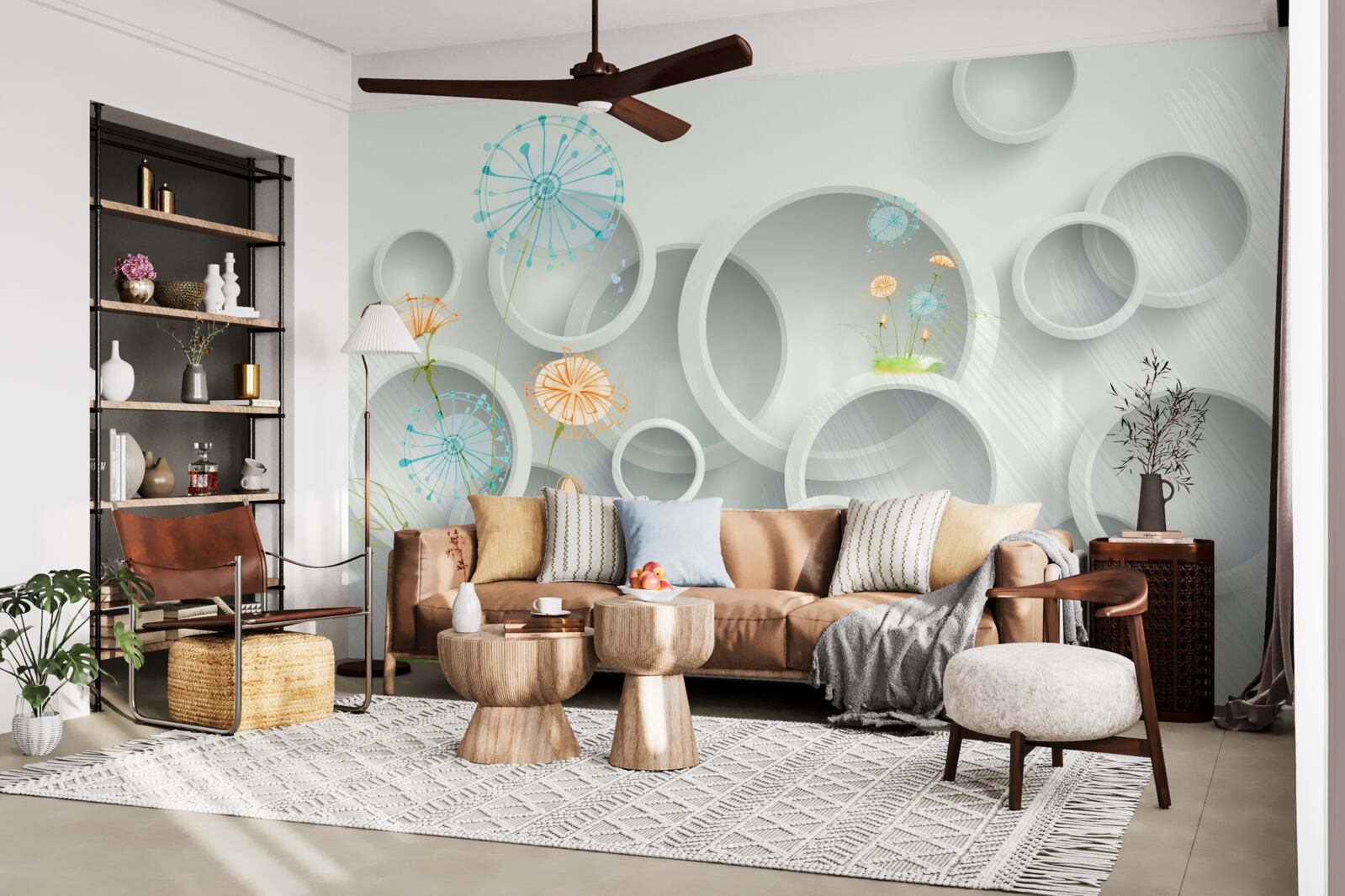 Fototapet pe fundalul cercurilor de pe pajiște, înfloresc păpădiile