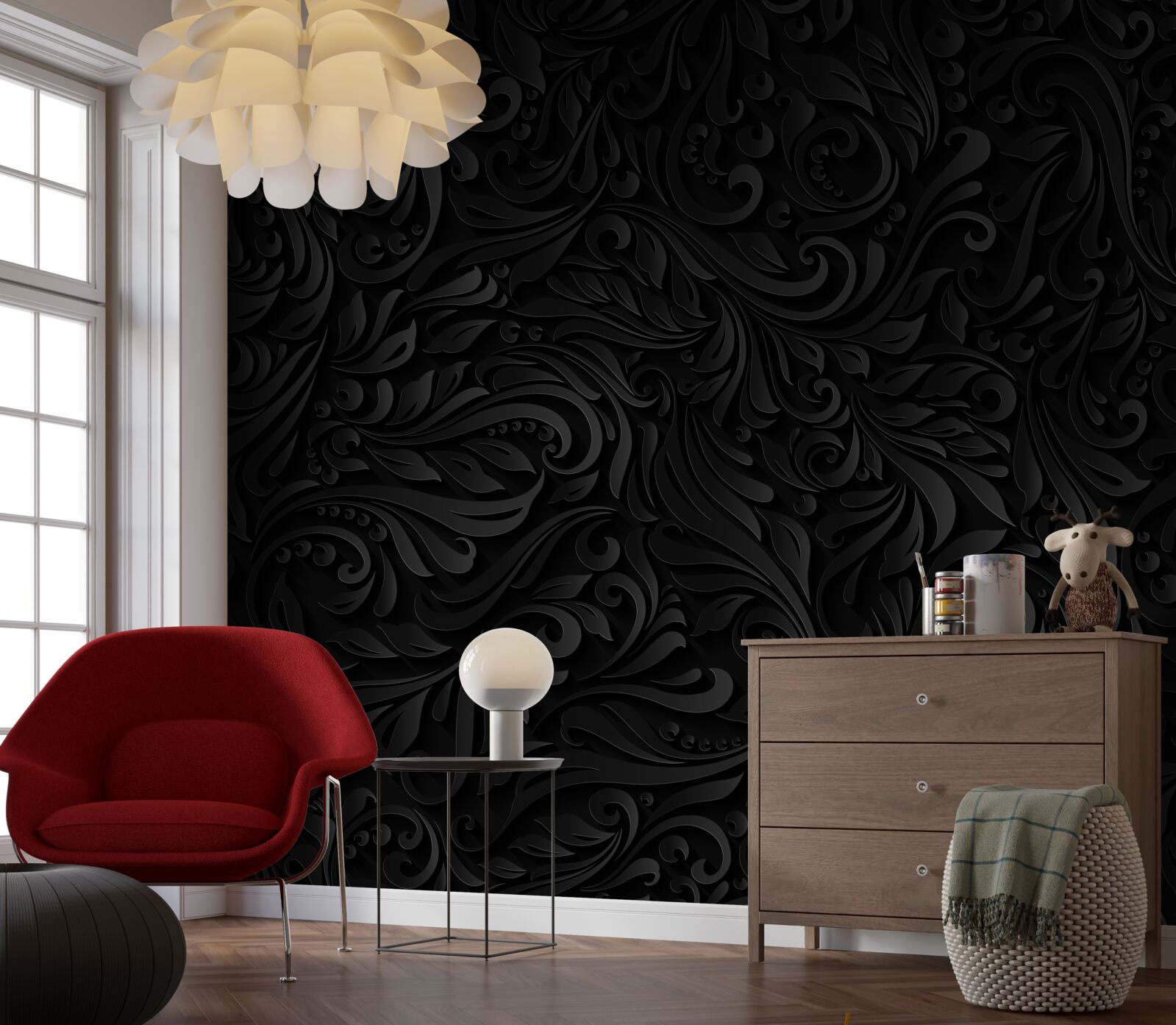 Fototapet frunze texturate și flori negre