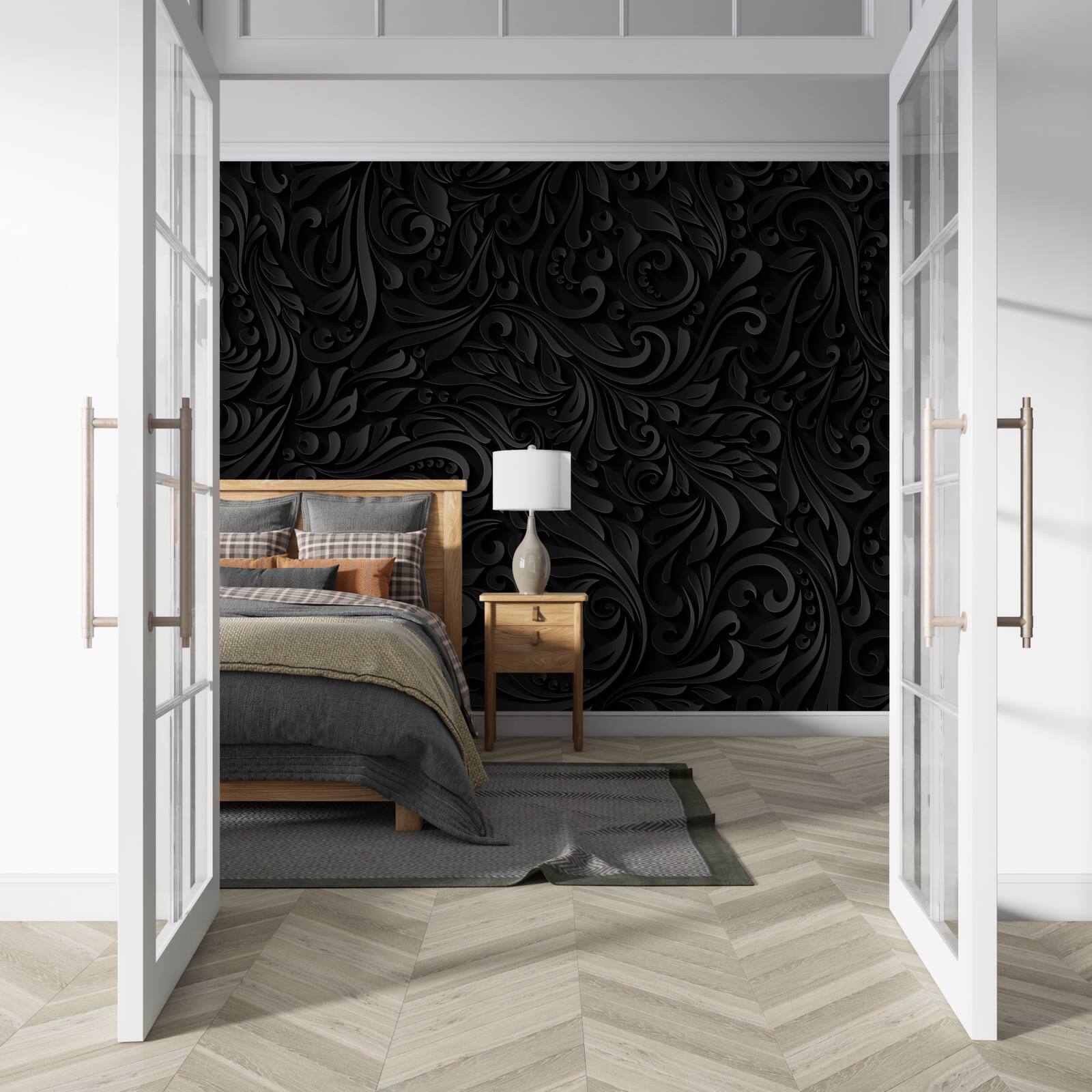 Fototapet frunze texturate și flori negre