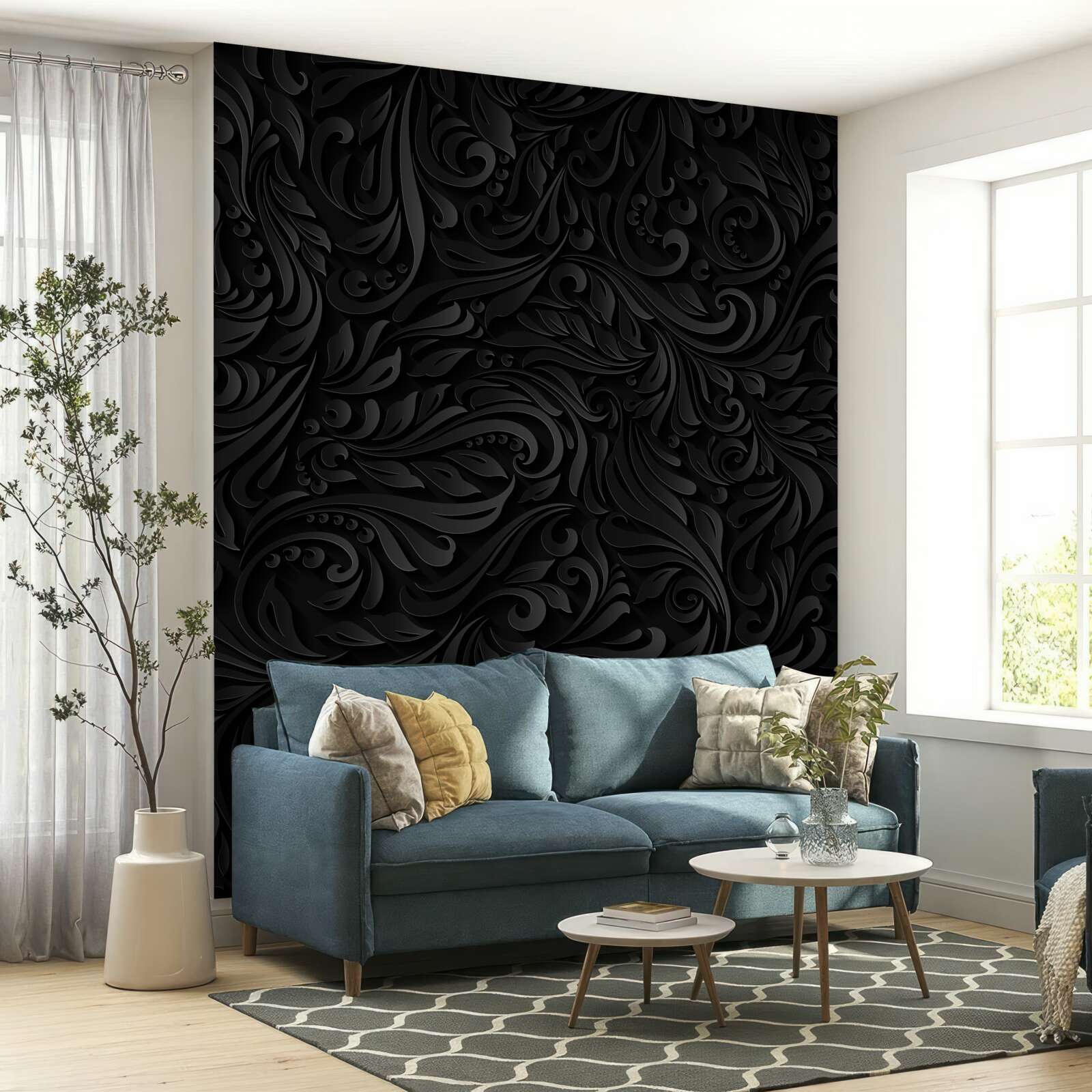 Fototapet frunze texturate și flori negre