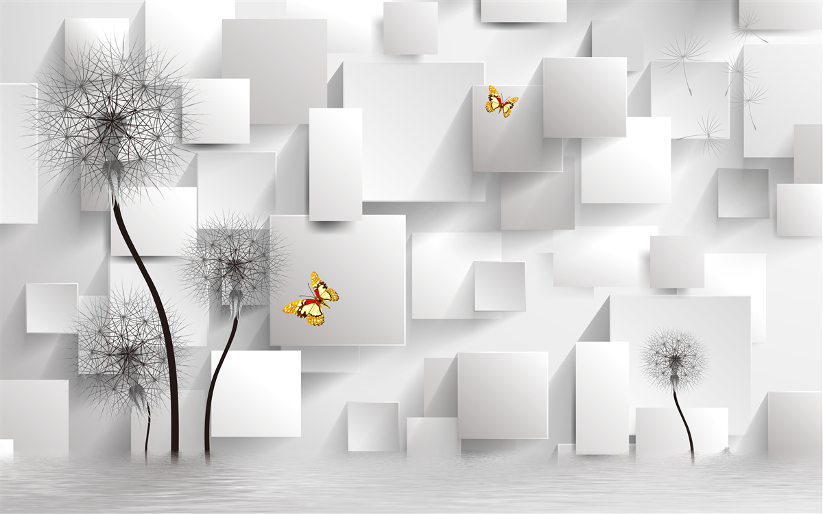 Fototapet pătrate albe abstracte cu păpădii în prim-plan