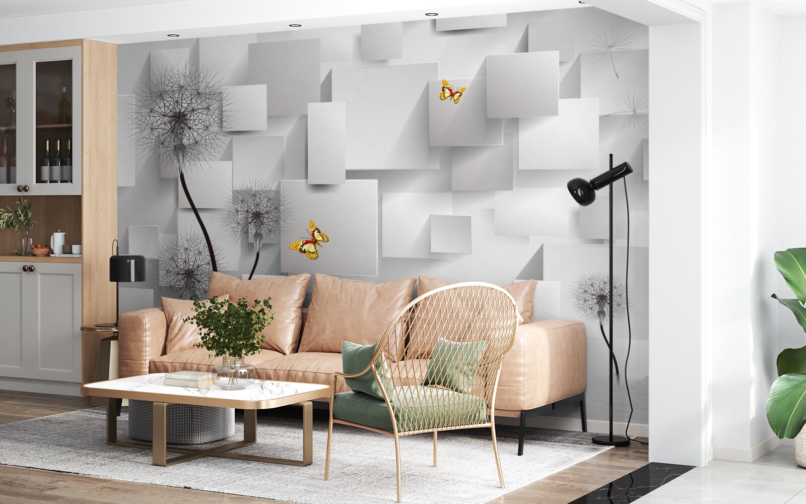 Fototapet pătrate albe abstracte cu păpădii în prim-plan