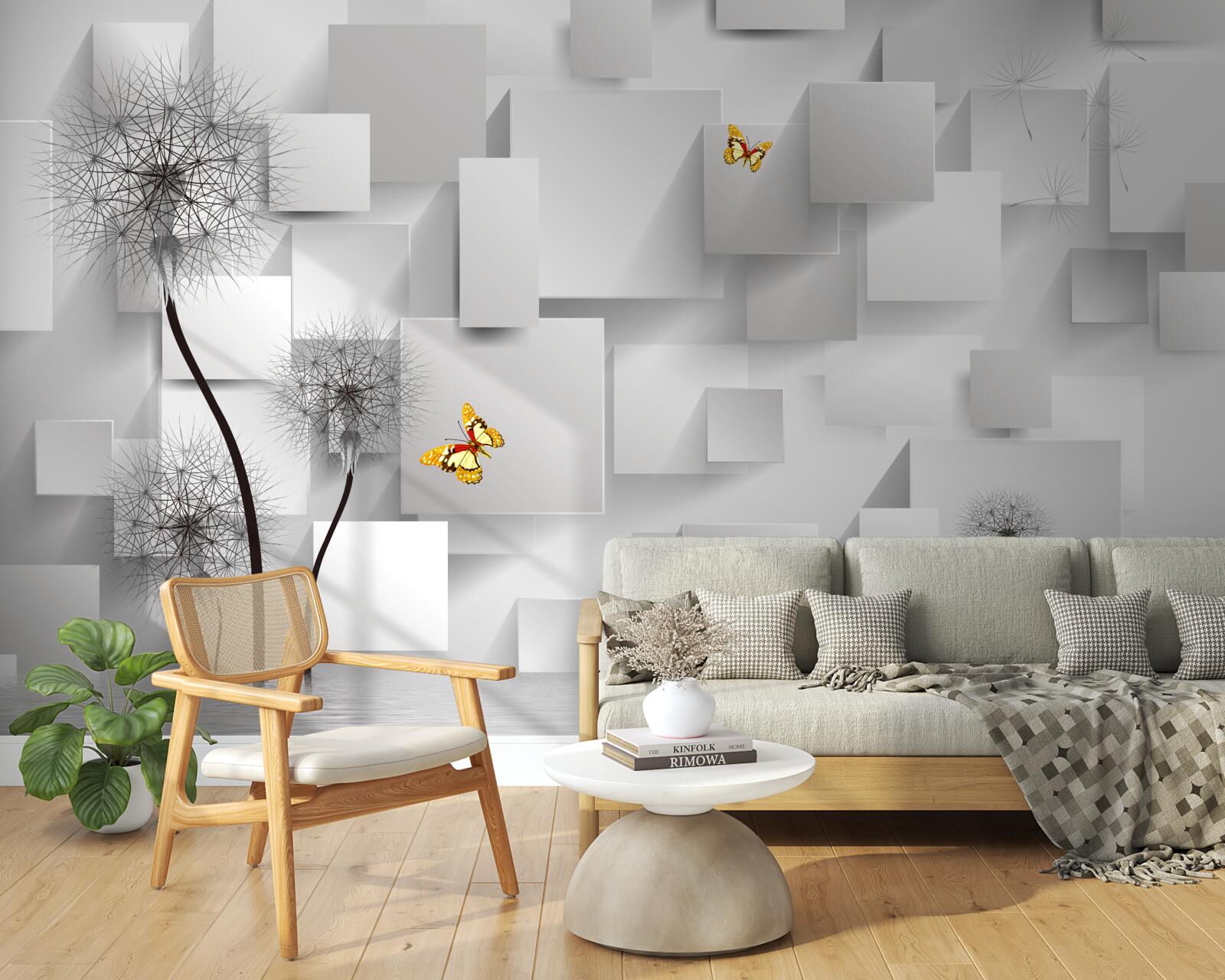 Fototapet pătrate albe abstracte cu păpădii în prim-plan