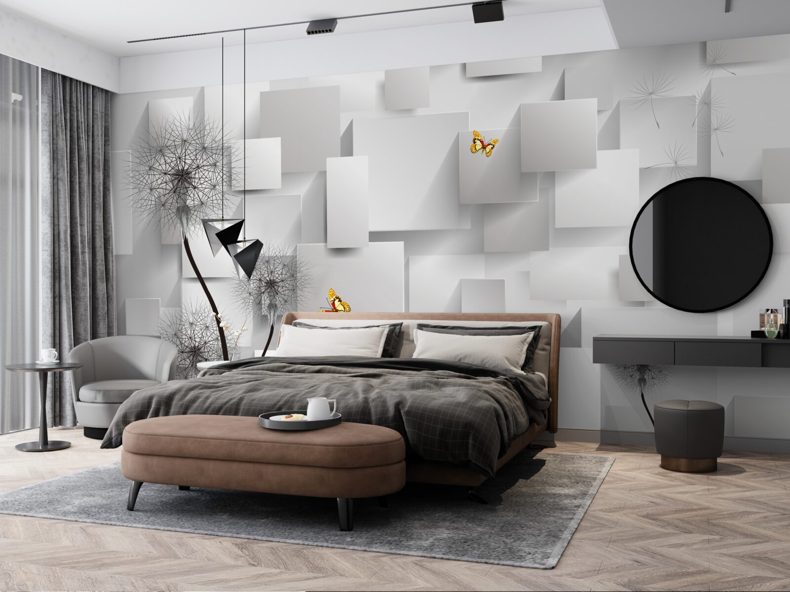 Fototapet pătrate albe abstracte cu păpădii în prim-plan