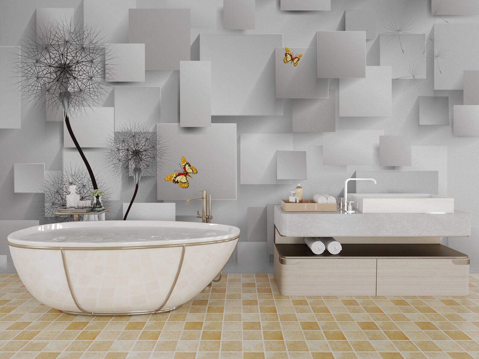 Fototapet pătrate albe abstracte cu păpădii în prim-plan