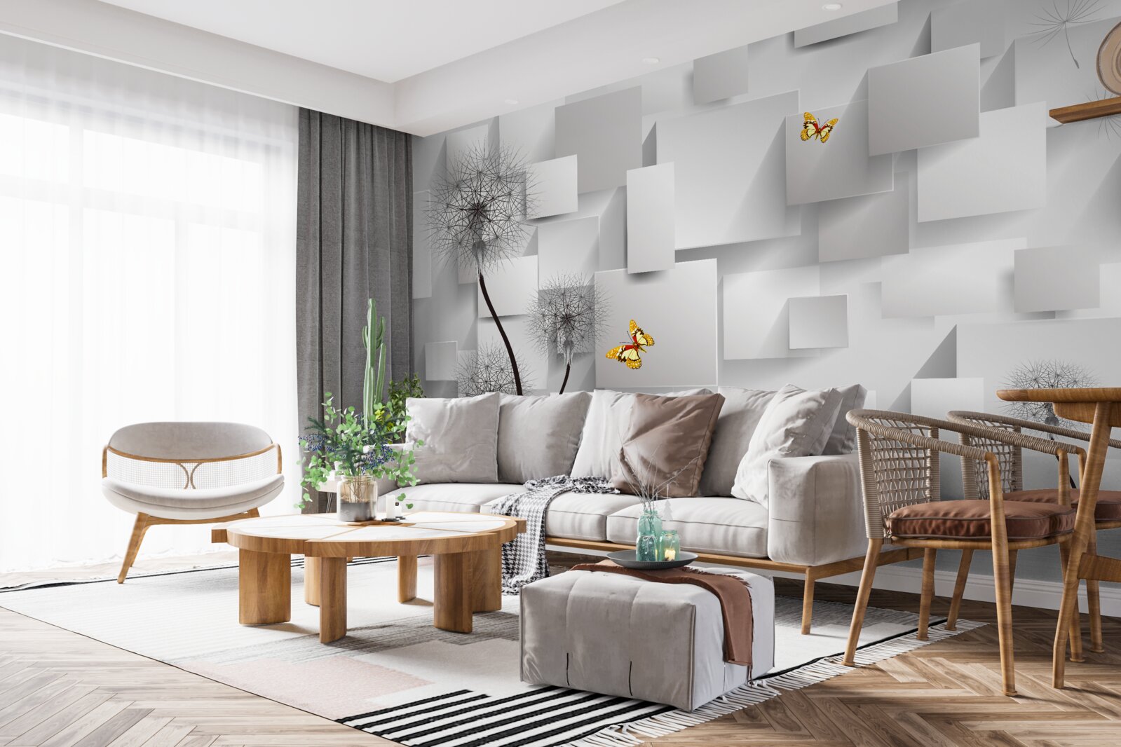 Fototapet pătrate albe abstracte cu păpădii în prim-plan