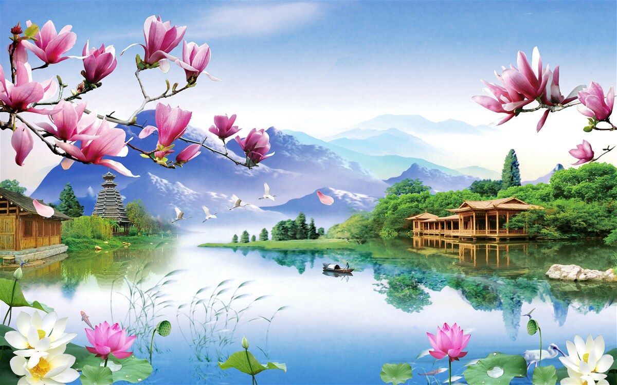 Fototapet vedere panoramică magnifică a peisajului montan și a cursului râului