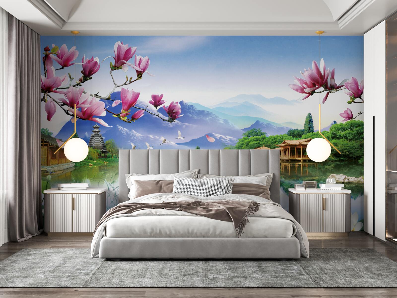 Fototapet vedere panoramică magnifică a peisajului montan și a cursului râului