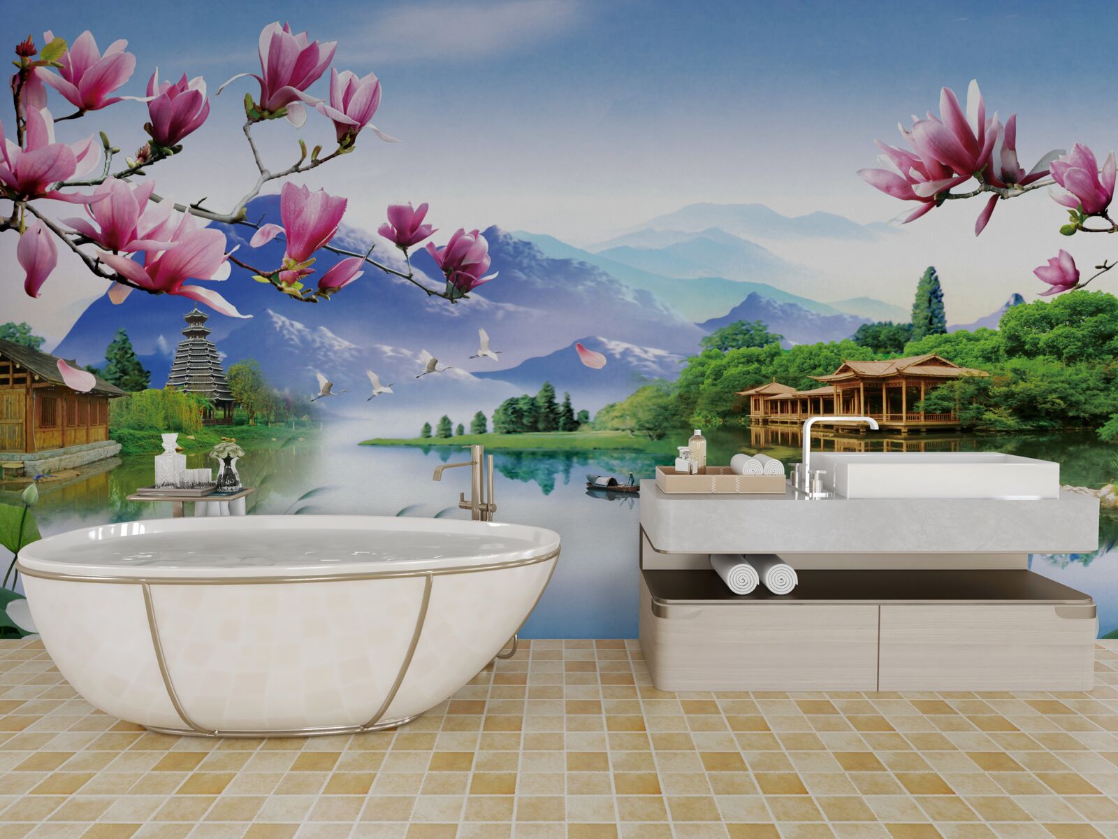 Fototapet vedere panoramică magnifică a peisajului montan și a cursului râului