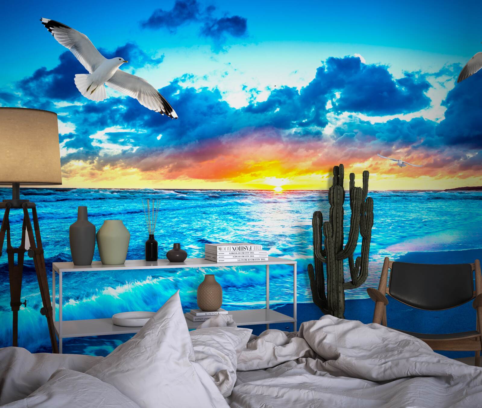 Fototapet apus de soare pe mare și pescăruși visători