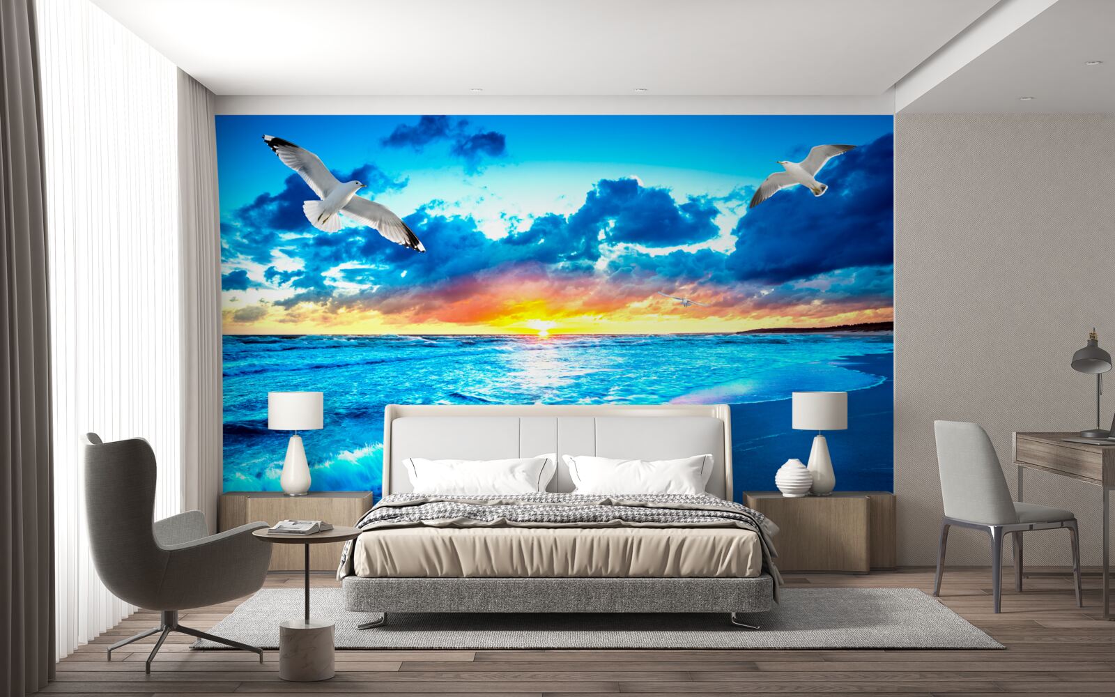 Fototapet apus de soare pe mare și pescăruși visători