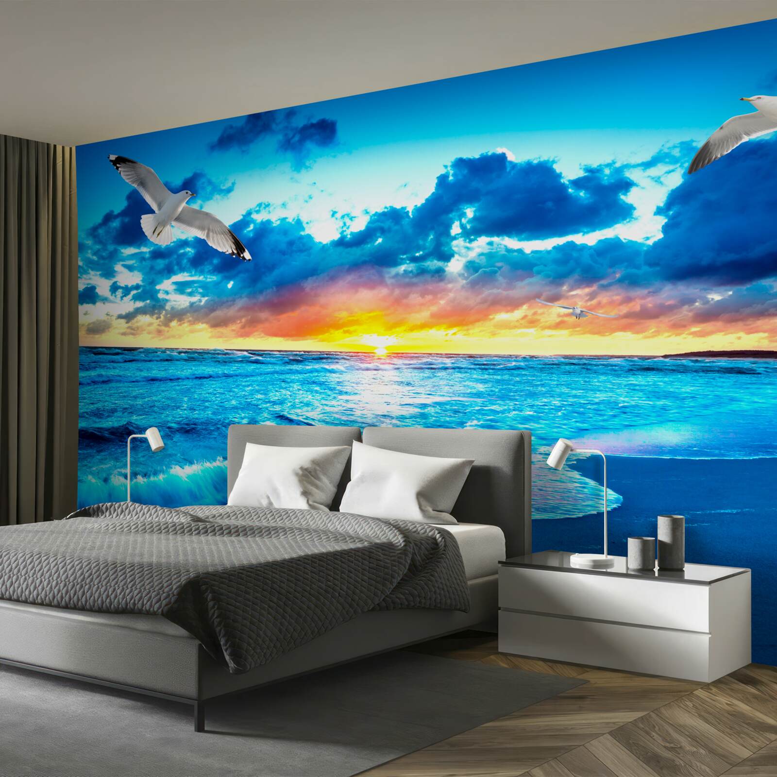 Fototapet apus de soare pe mare și pescăruși visători