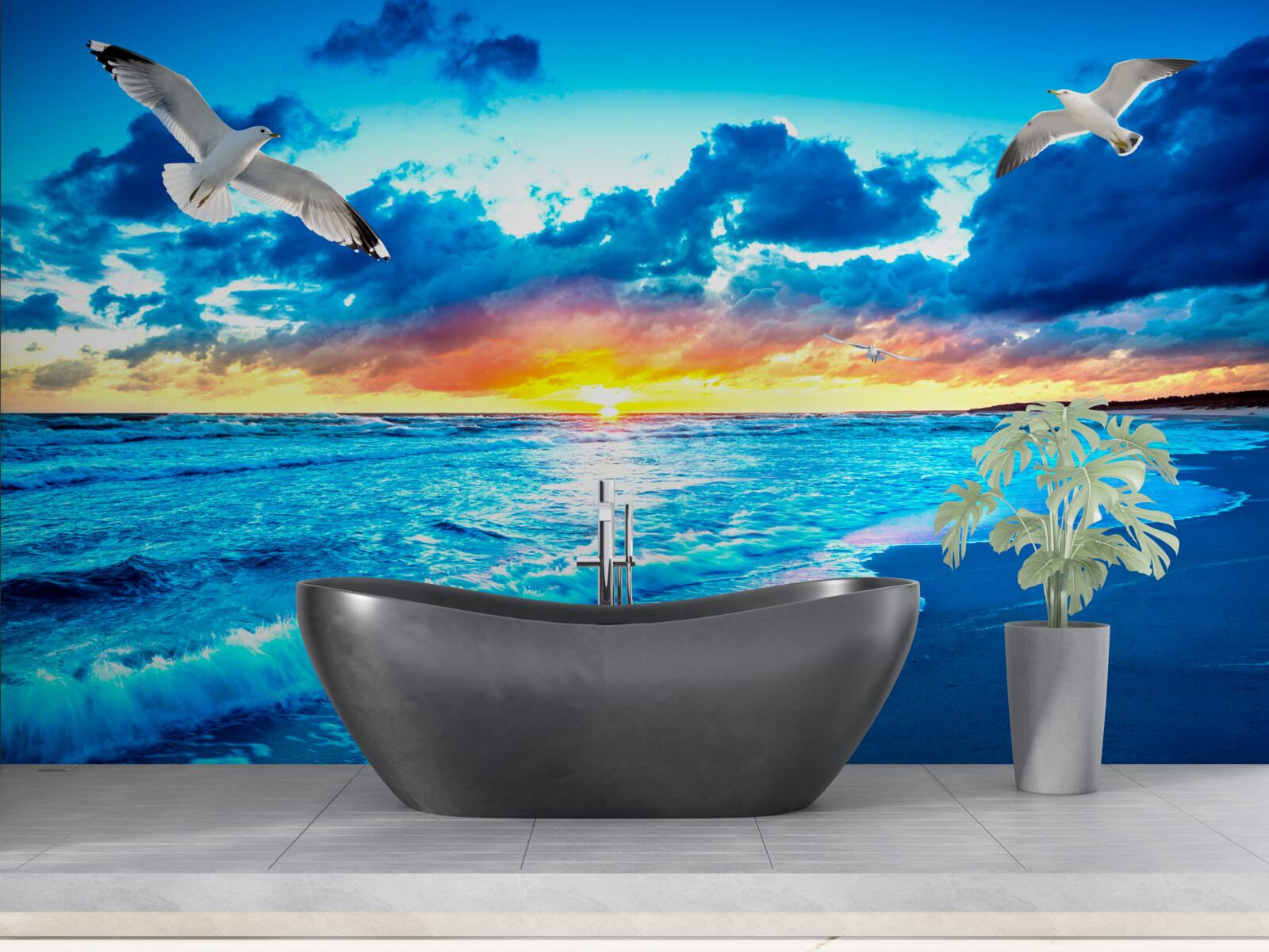 Fototapet apus de soare pe mare și pescăruși visători