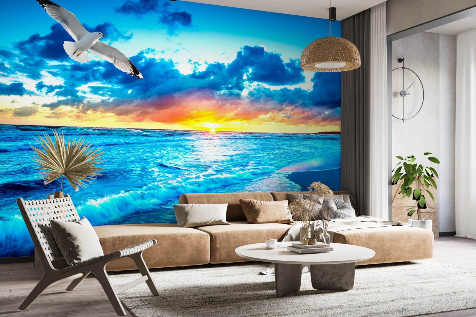 Fototapet apus de soare pe mare și pescăruși visători