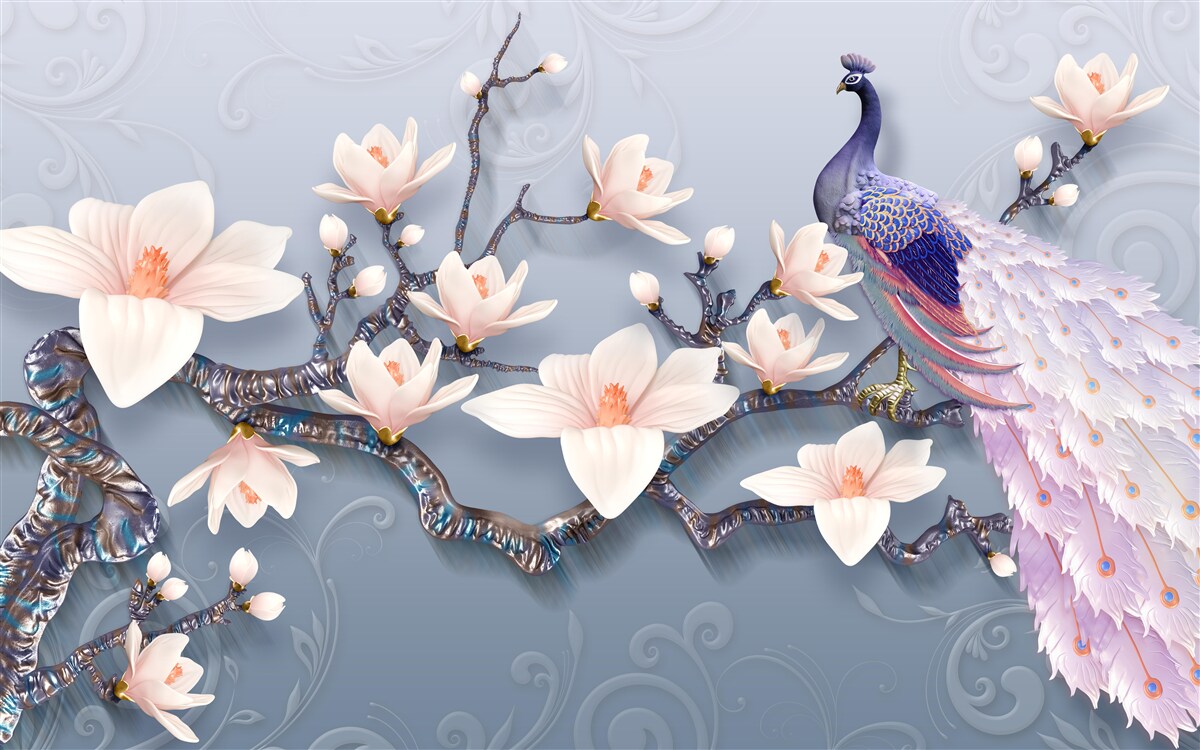 Fototapet un păun magnific așezat pe o ramură cu muguri