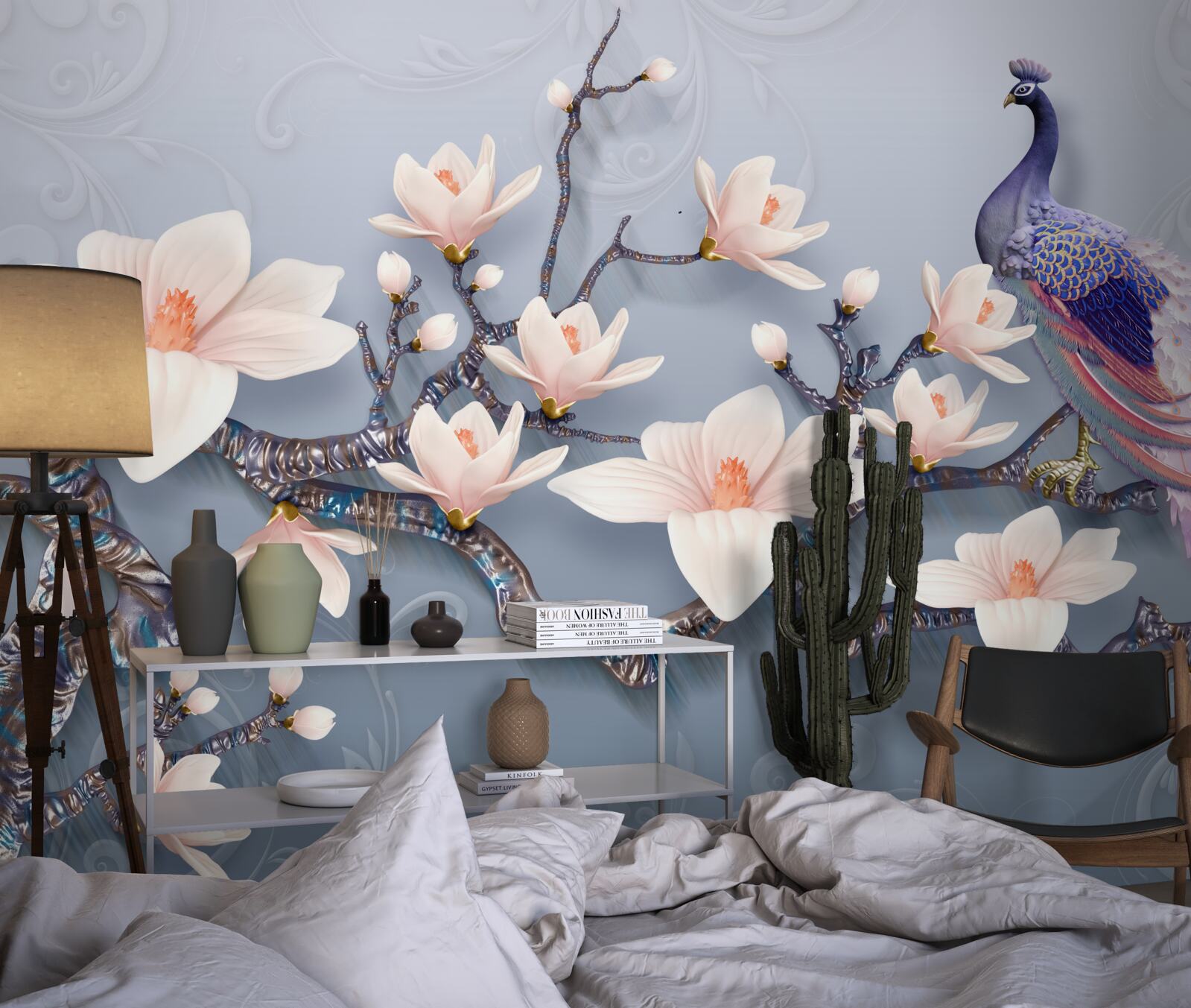 Fototapet un păun magnific așezat pe o ramură cu muguri