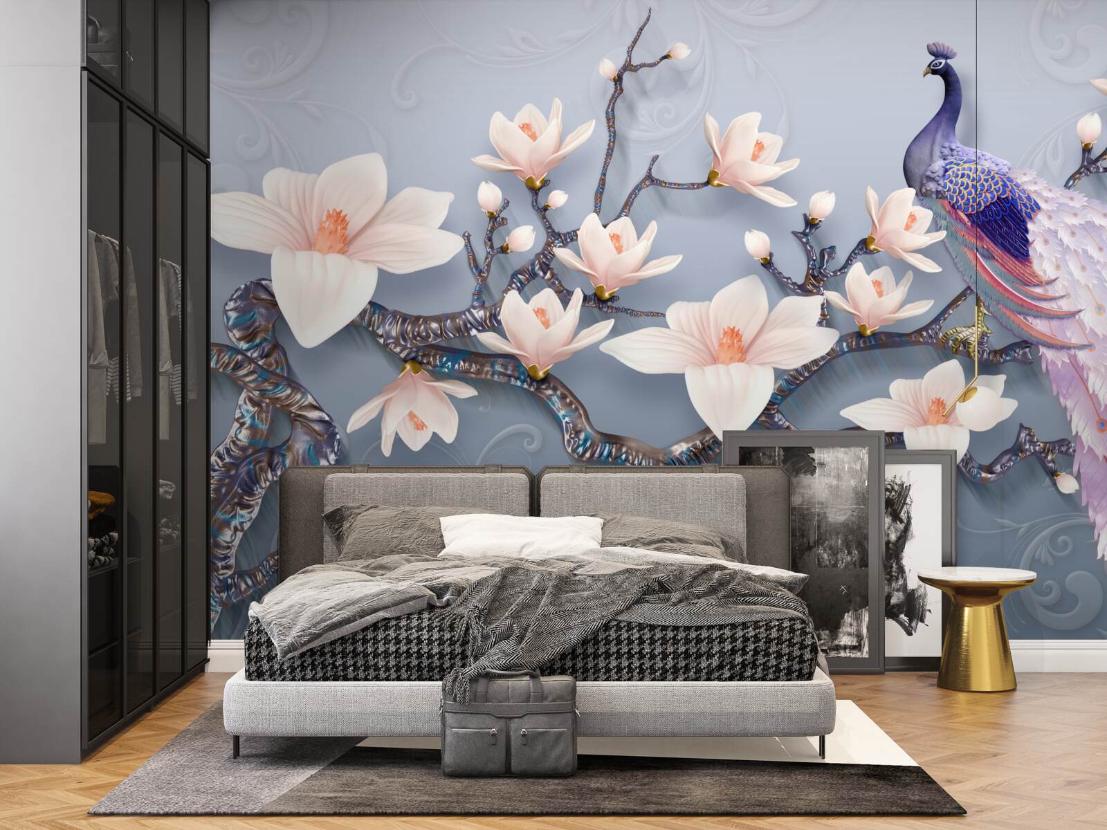 Fototapet un păun magnific așezat pe o ramură cu muguri