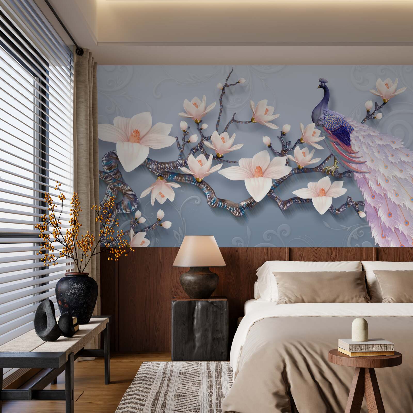 Fototapet un păun magnific așezat pe o ramură cu muguri