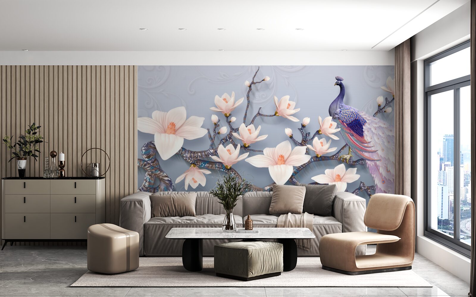 Fototapet un păun magnific așezat pe o ramură cu muguri