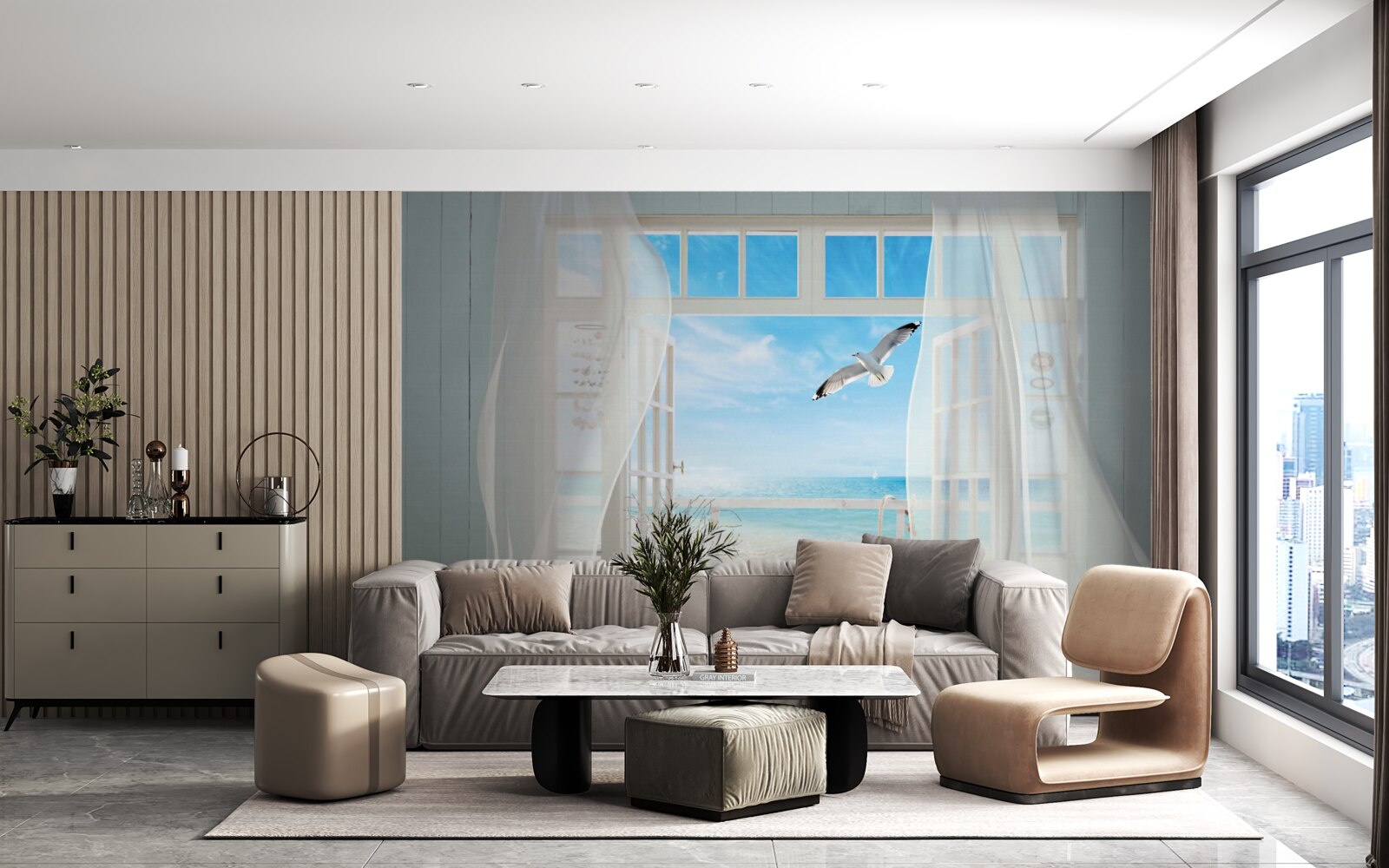 Fototapet ieșirea, vopsită în culoarea albului zăpezii, ducea spre o coastă nisipoasă