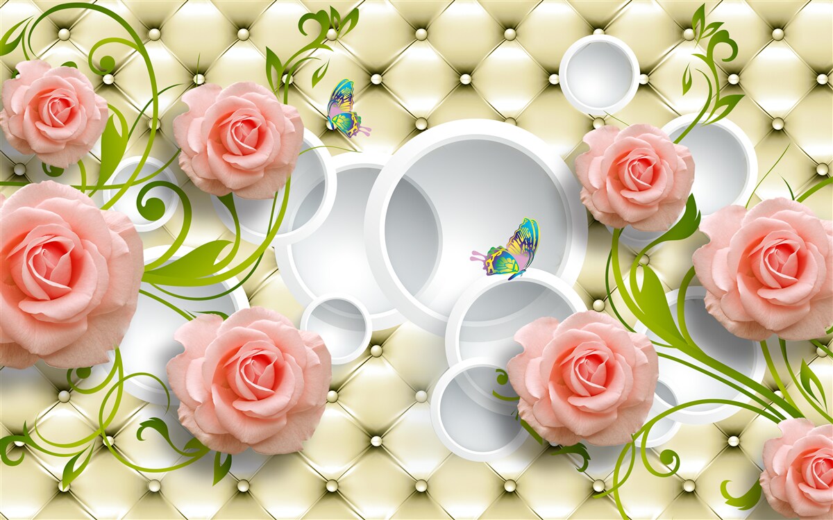 Fototapet trandafiri roz moale cu tulpini verzi