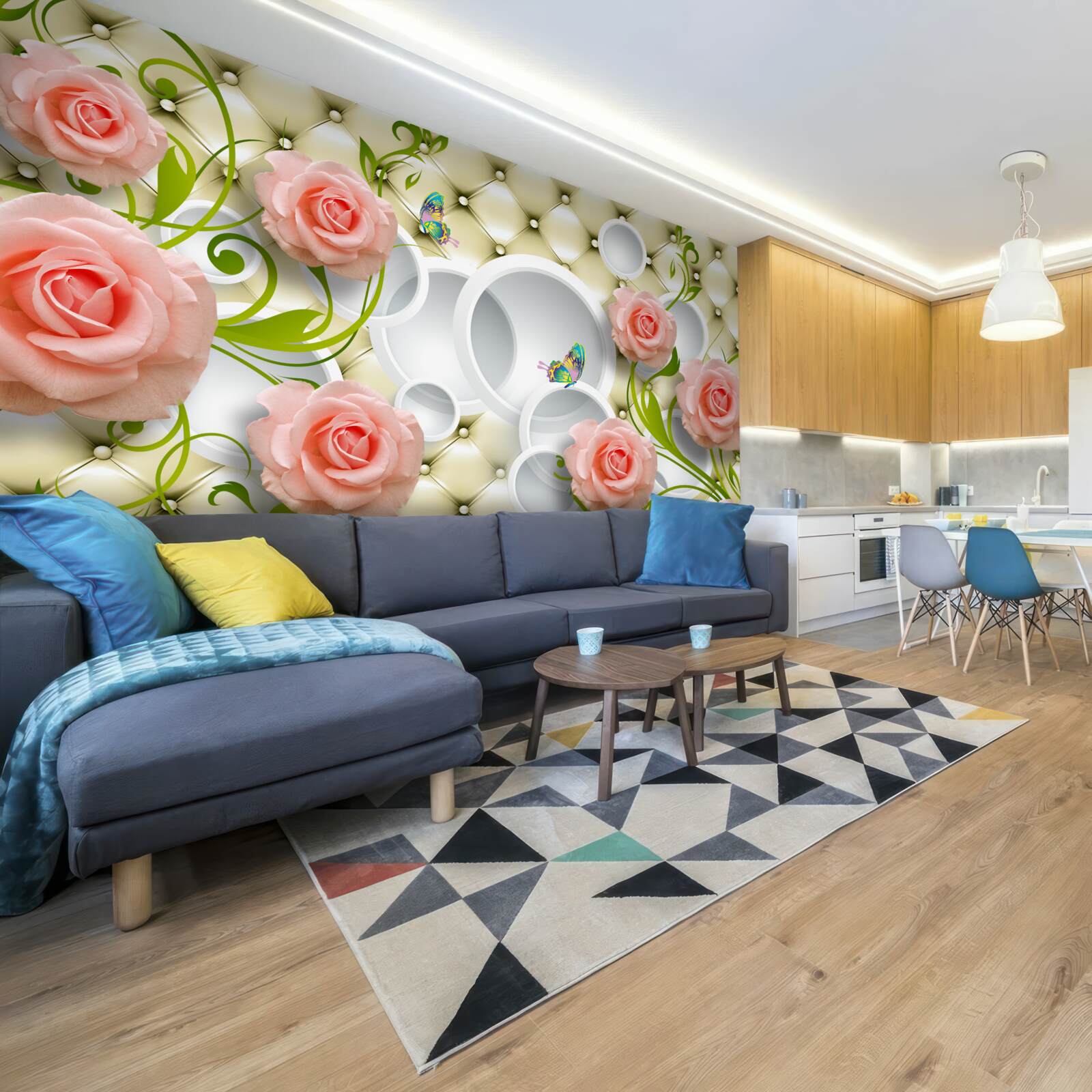 Fototapet trandafiri roz moale cu tulpini verzi