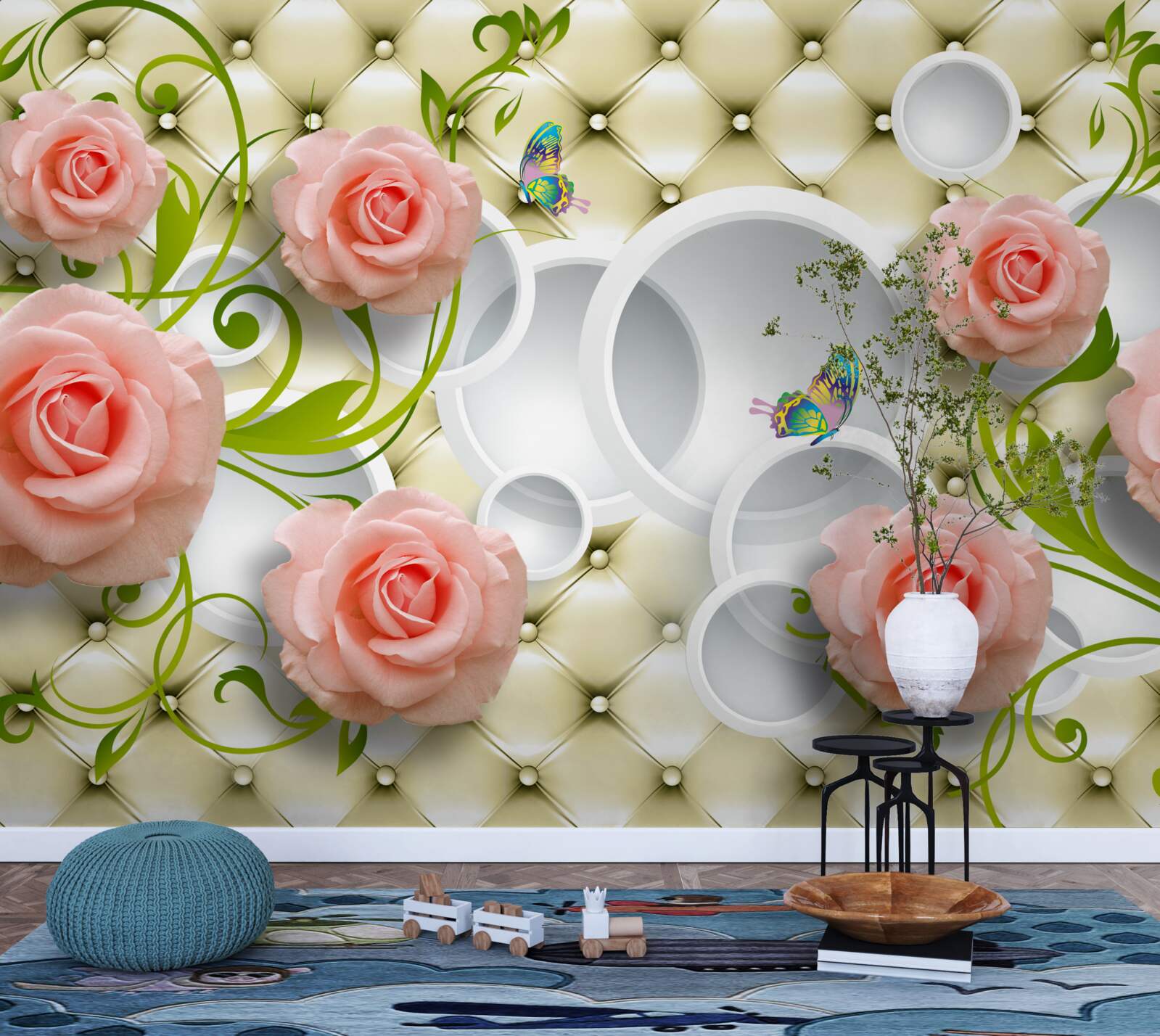 Fototapet trandafiri roz moale cu tulpini verzi