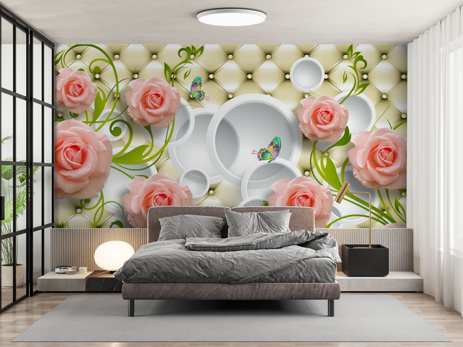 Fototapet trandafiri roz moale cu tulpini verzi