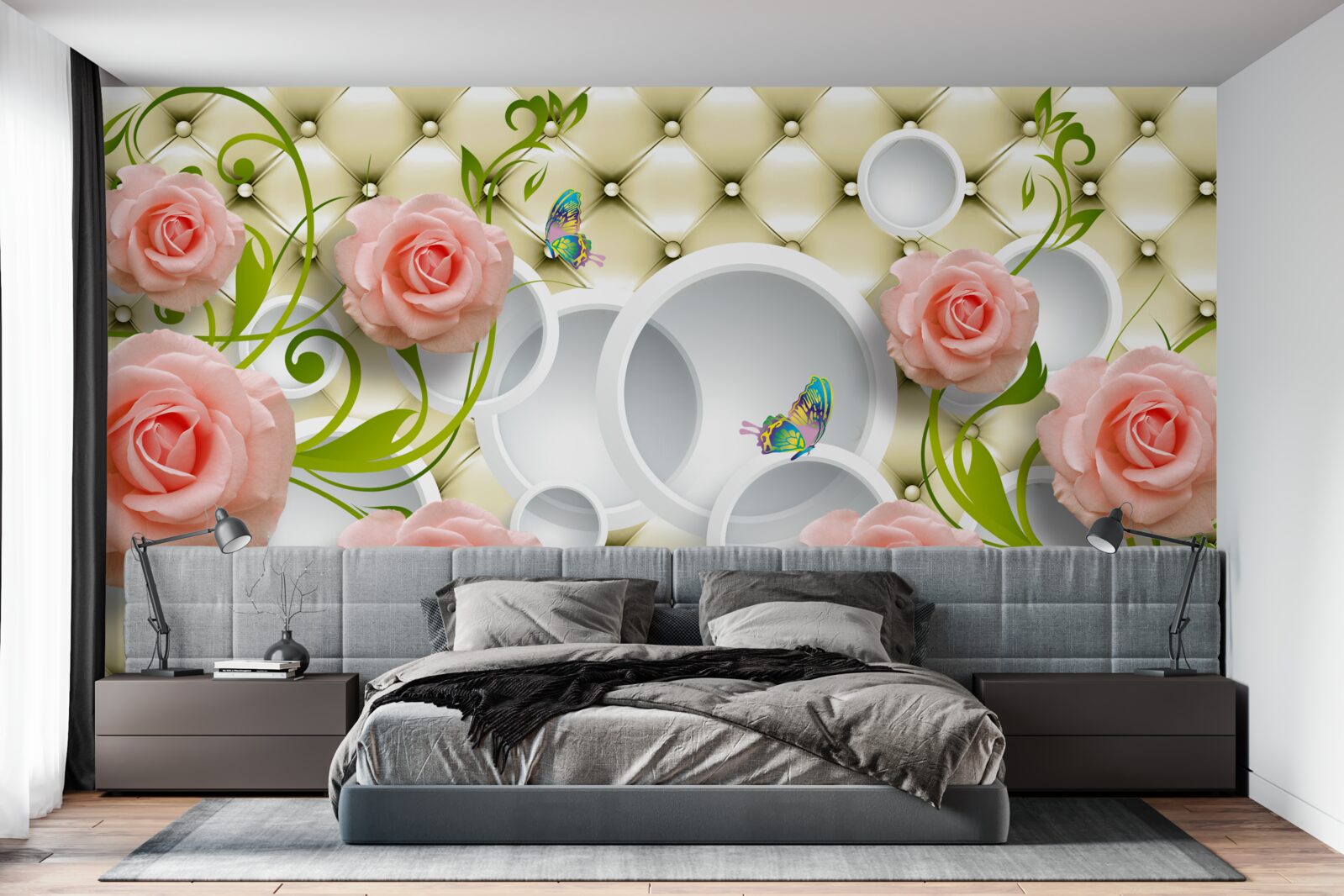 Fototapet trandafiri roz moale cu tulpini verzi