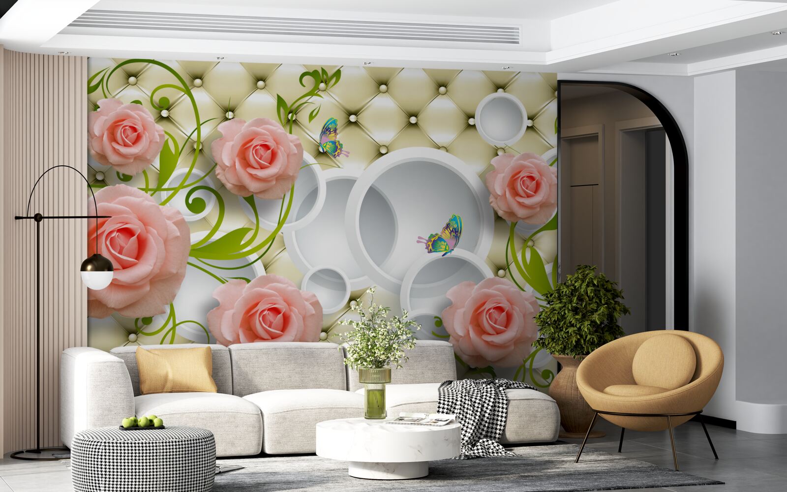 Fototapet trandafiri roz moale cu tulpini verzi