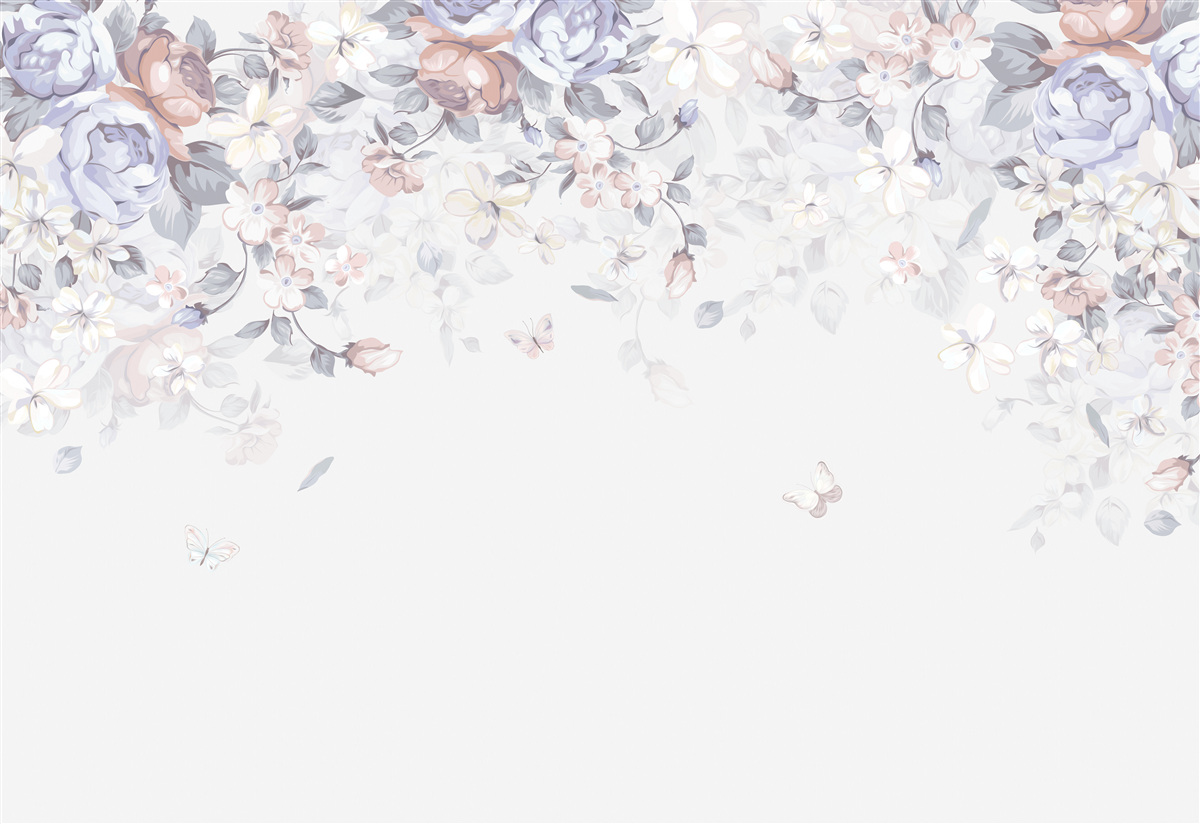 Fototapet fundalul alb este decorat cu flori moi