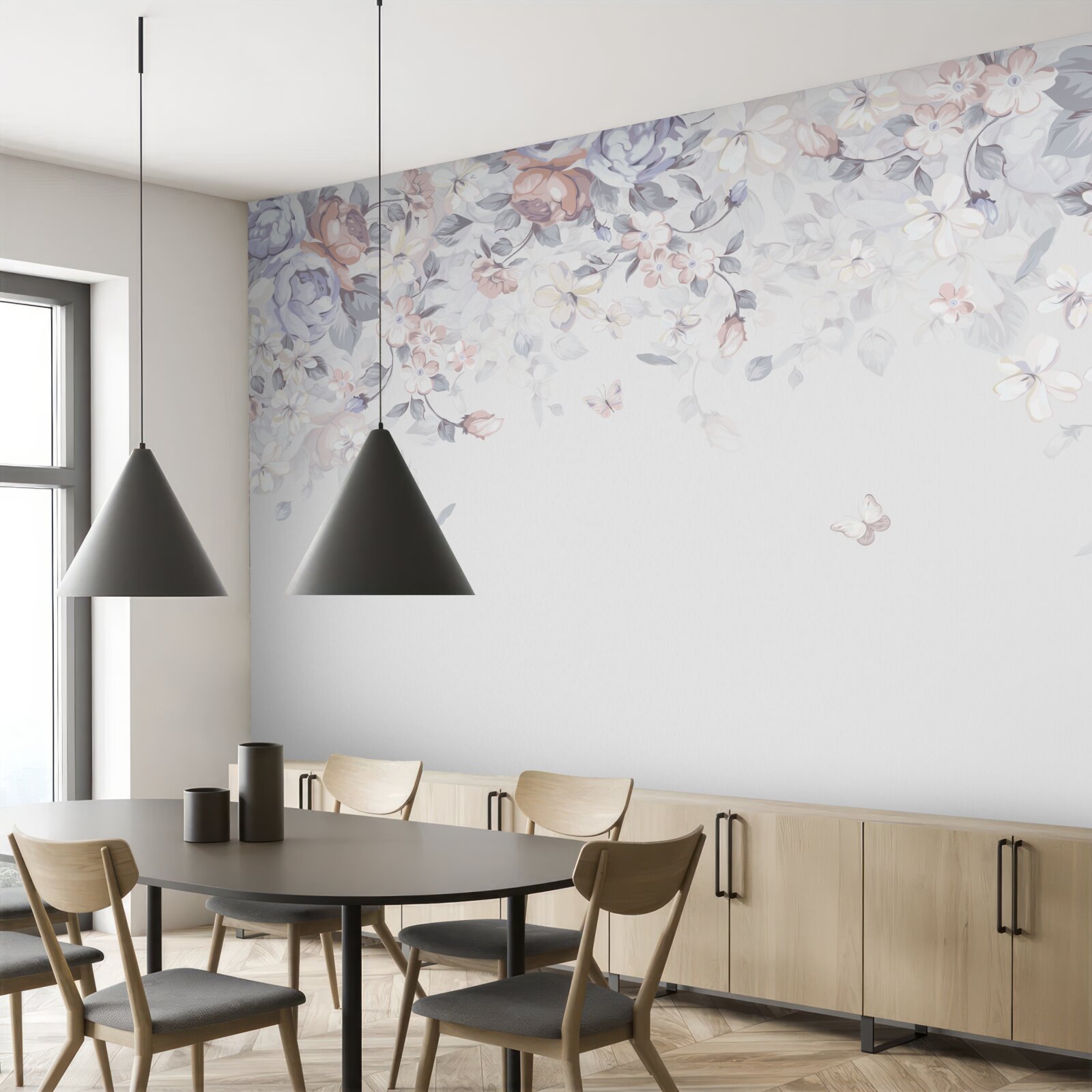 Fototapet fundalul alb este decorat cu flori moi